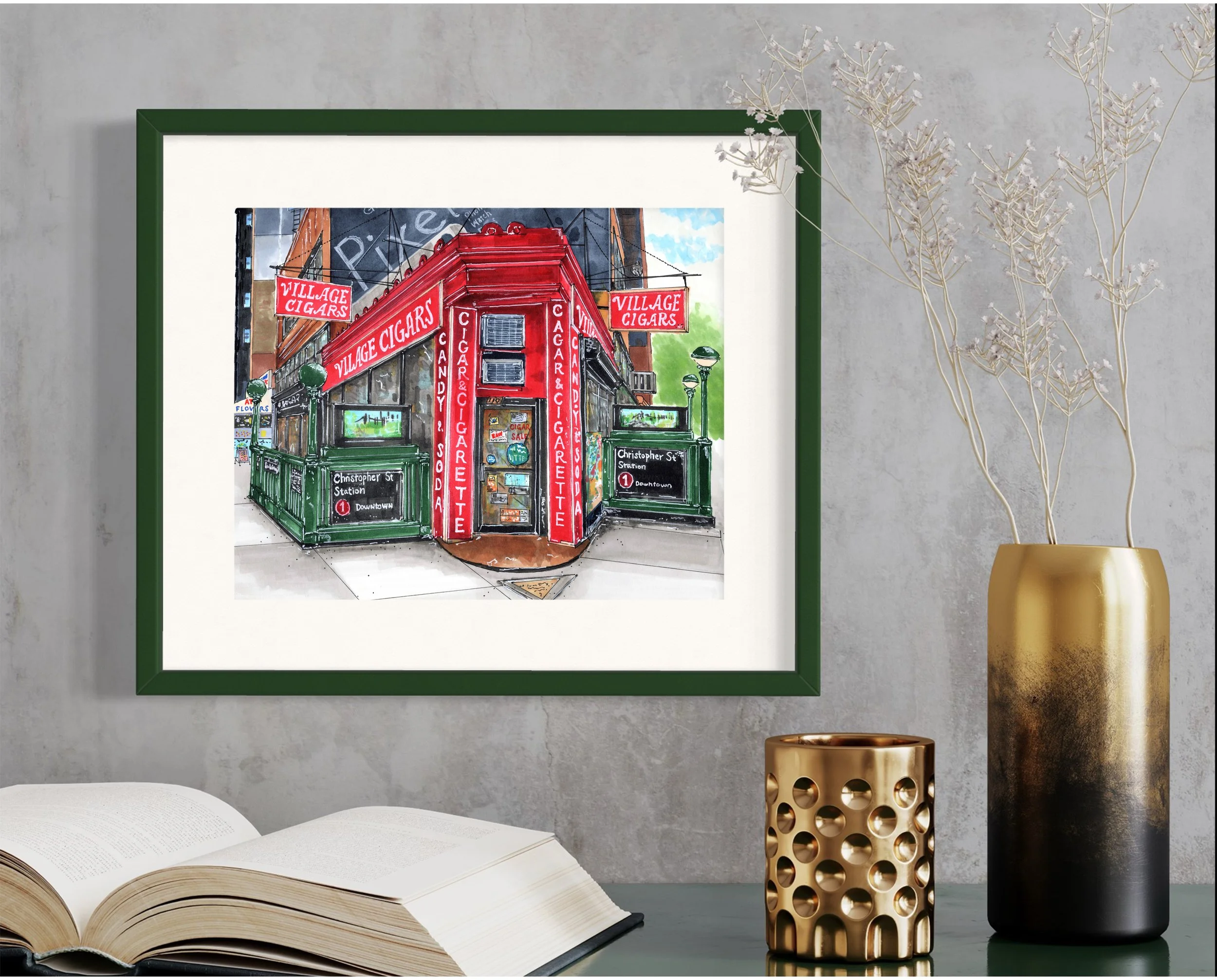 Framed in dark green, this hand-illustrated drawing of Village Cigars print hangs on the wall