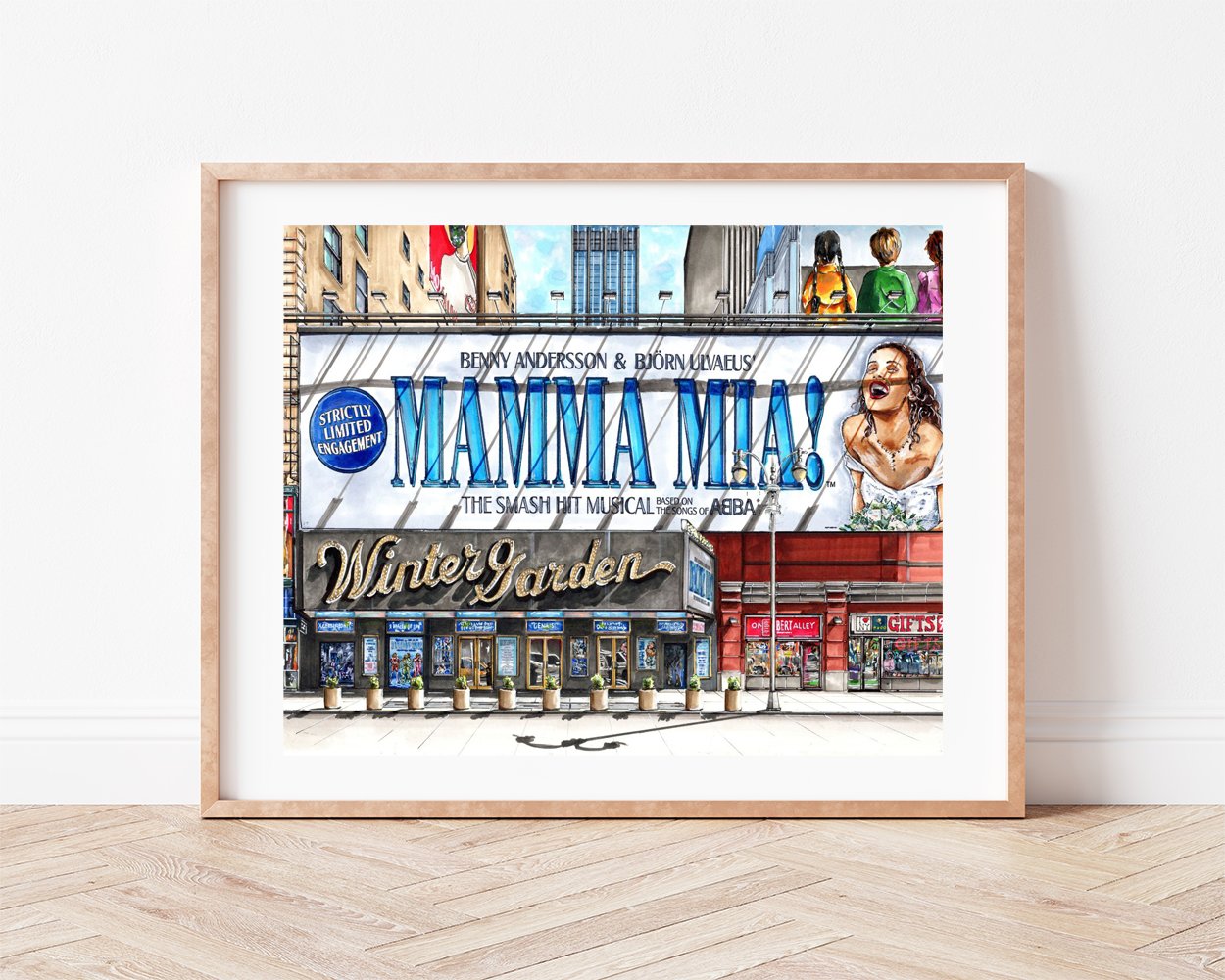 Mamma Mia ! the Broadway musical at Winter Garden Theatre in Times Square New York City. Hand-drawn in ink and marker and framed in light wood