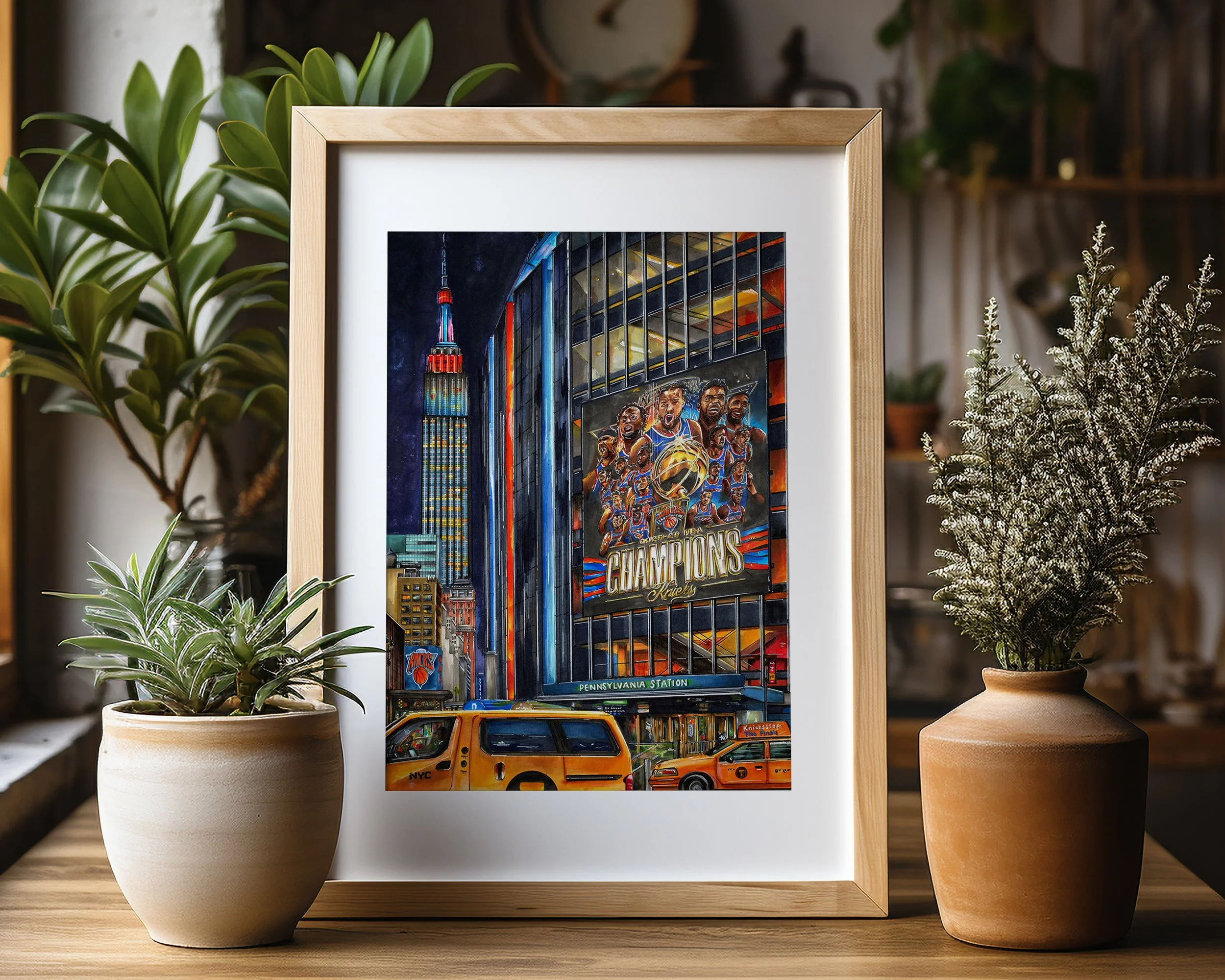 The New York Knicks, Champions of the 2026 NBA Finals on screen outside of Madison Square Garden near Penn Station, New York City. Hand-drawn in ink and marker and framed in light wood