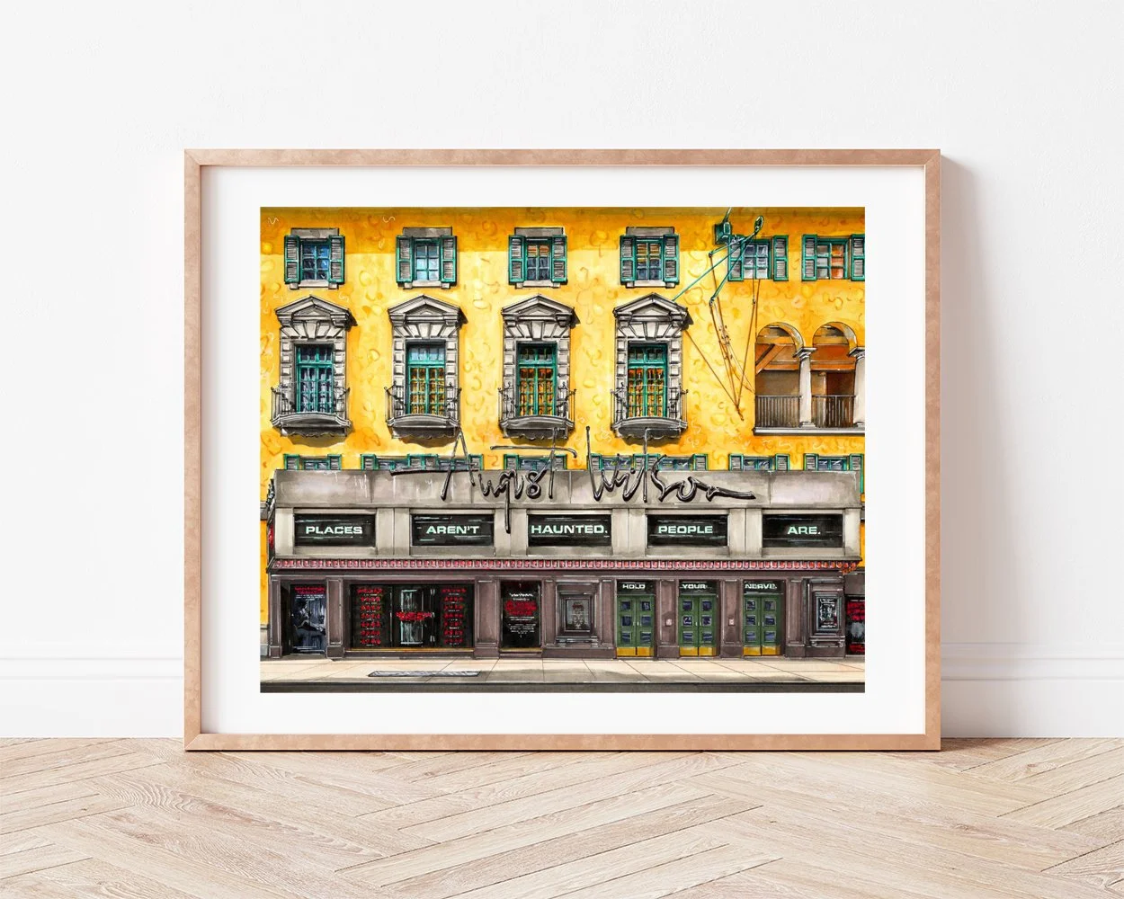 Leaning against a plain wall, August Wilson Theatre with Paranormal Activity marquee at 245 W 52nd St in Times Square NYC drawing sits in a slim light wood frame
