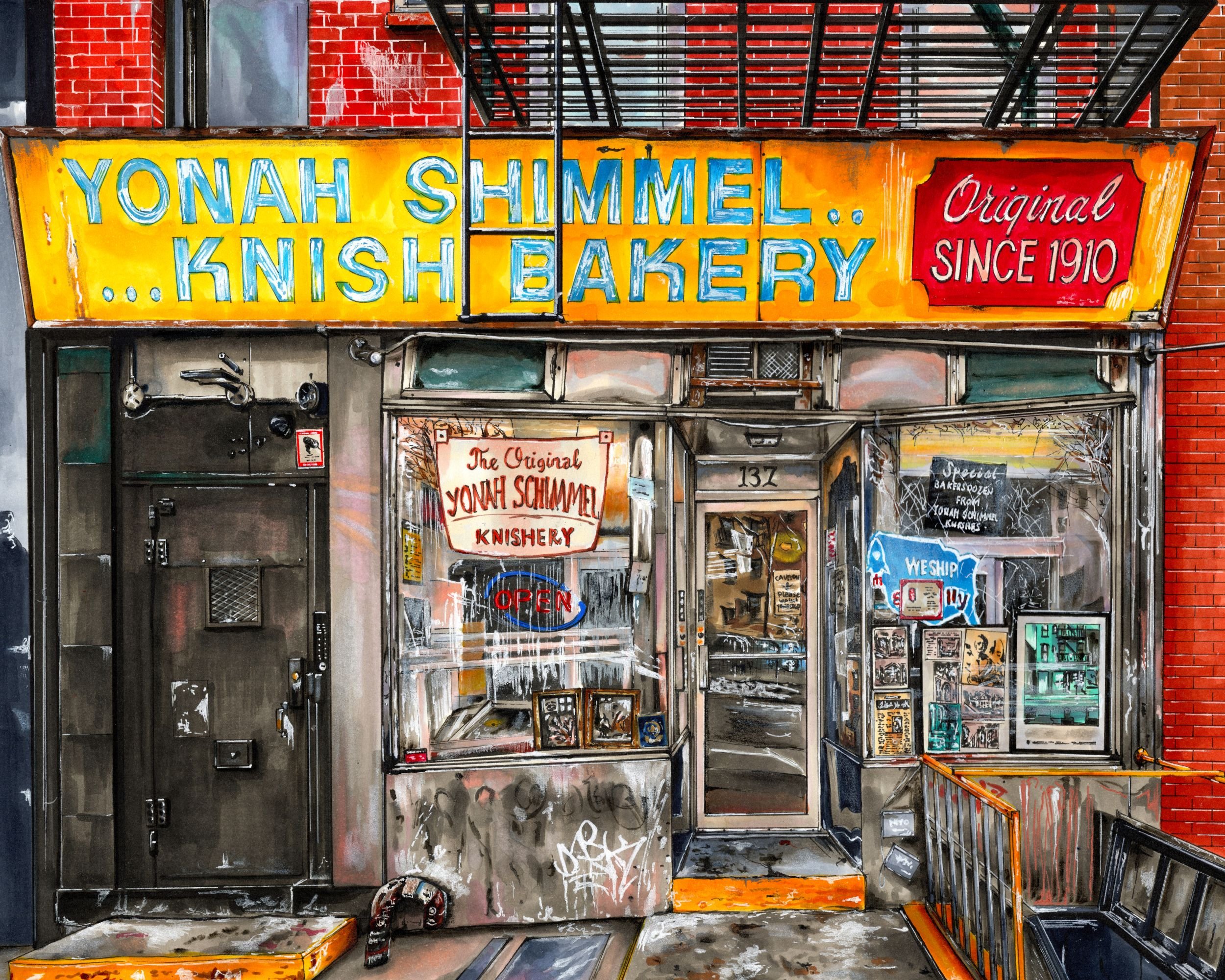 A closer look at the ink and marker linework in Yonah Schimmel Knish Bakery illustration