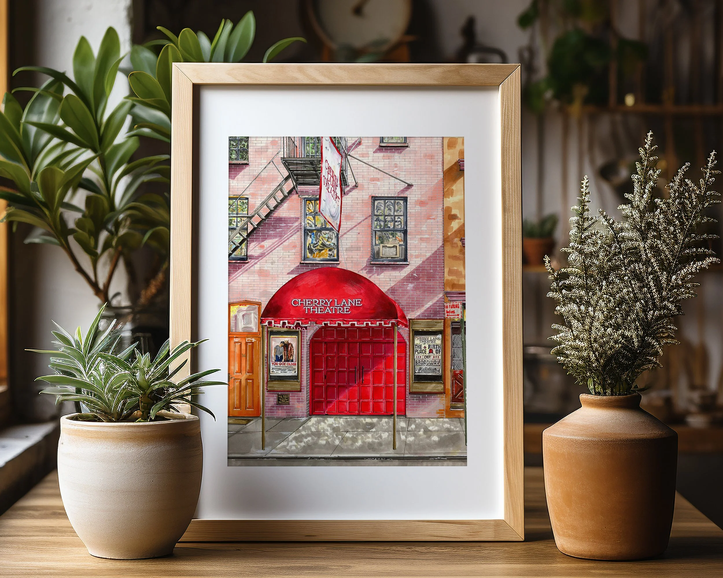 Cherry Lane Theatre, NYC’s oldest continuously running off-Broadway theater on Commerce St in West Village. Hand-drawn in ink and marker and framed in a light wood frame