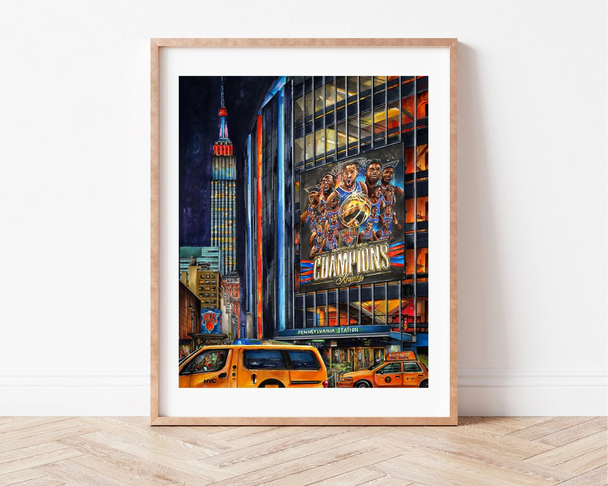 The New York Knicks, Champions of the 2026 NBA Finals on screen outside of Madison Square Garden near Penn Station, New York City. Hand-drawn in ink and marker and framed in light wood