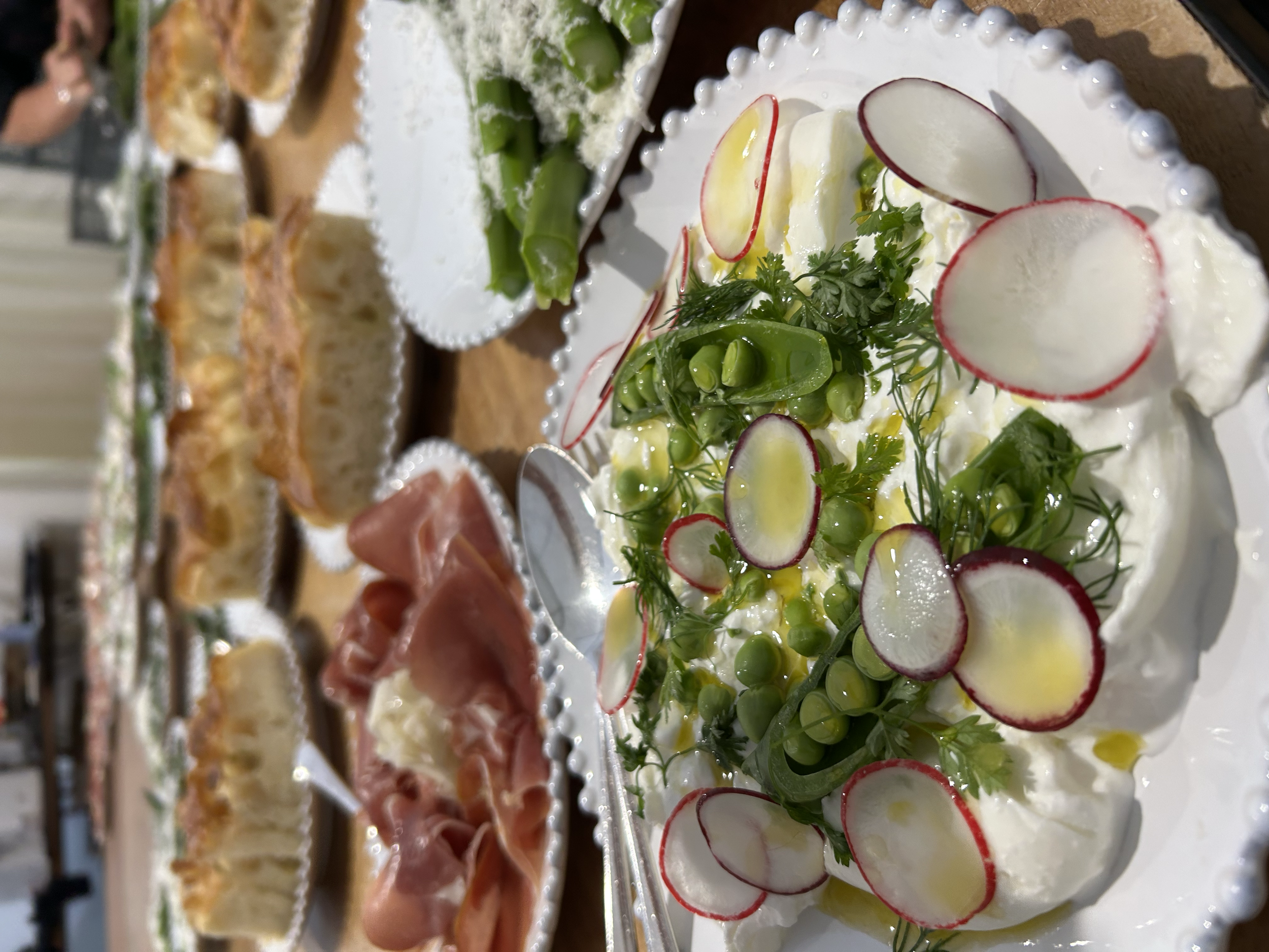 A variety of appetizer and salad dishes on plates, including radish slices, fresh herbs, and creamy dips, arranged on a buffet table.
