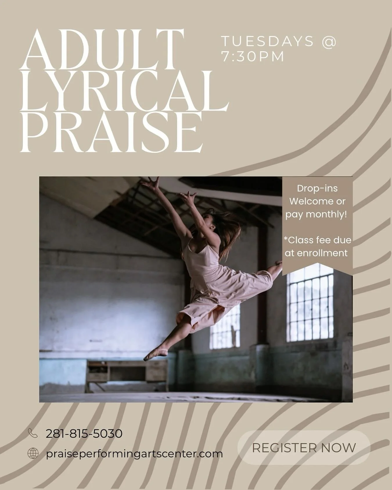 ✨ Move with purpose. Dance with faith. ✨
Join us every Tuesday at 7:30 PM for Adult Lyrical Praise &mdash; a space to worship, express, and connect through movement. 💃🙏
Drop-ins welcome or enroll monthly!

➡️ Register today and praise with us!

#pp