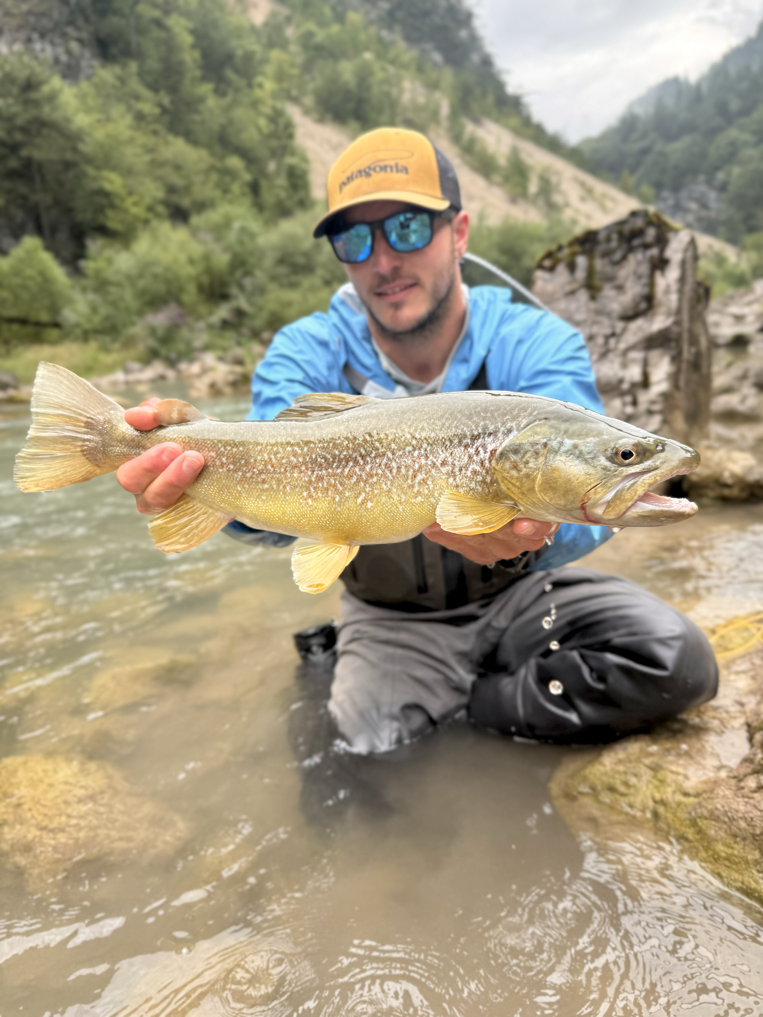 A man in outdoor fishing gear, wearing sunglasses and a cap, kneeling in a shallow river holding a large fish with both hands.