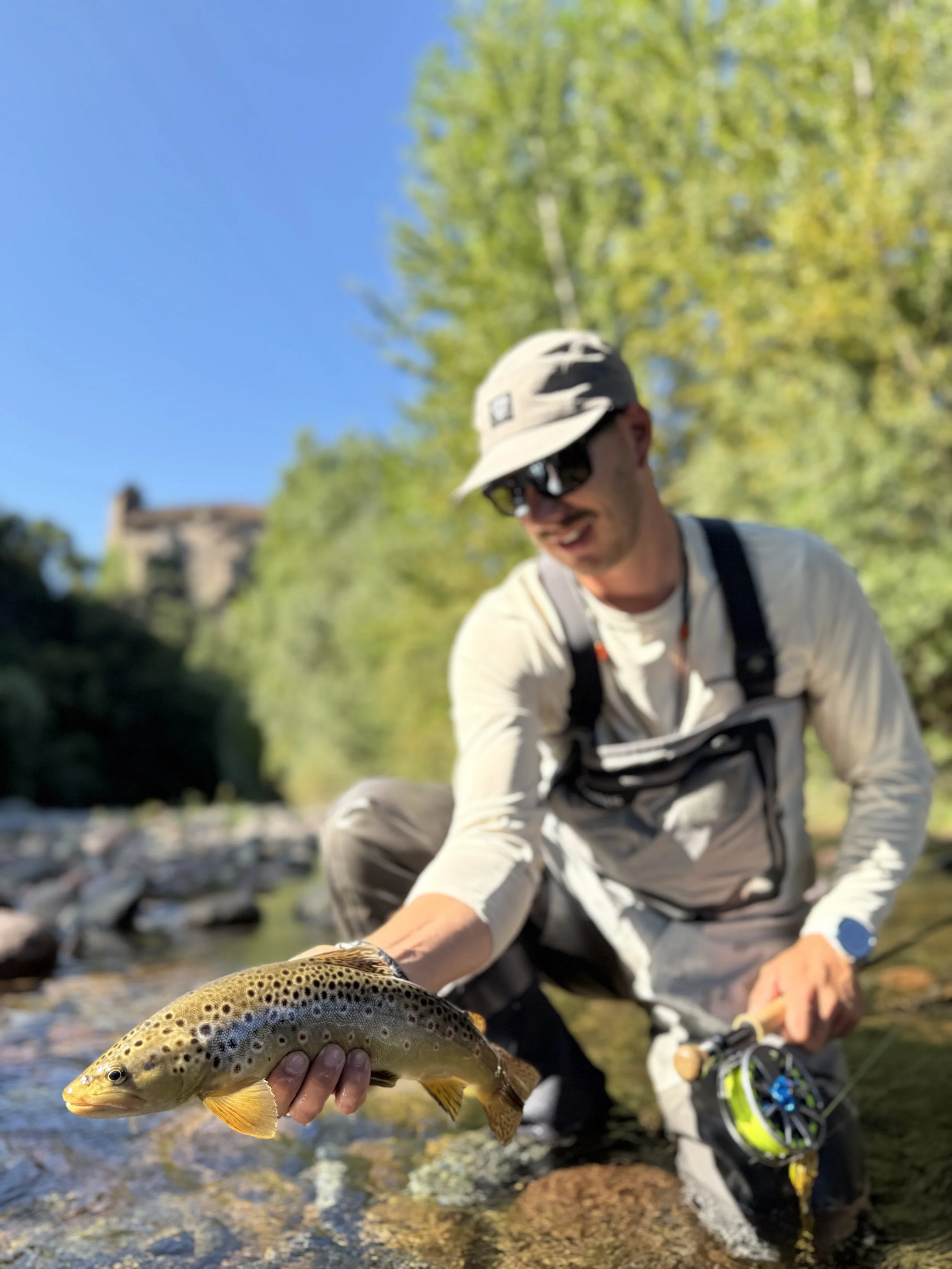 A man wearing outdoor gear and sunglasses is kneeling in a stream, holding a freshly caught brown trout with spots. The background features green trees and a blue sky.