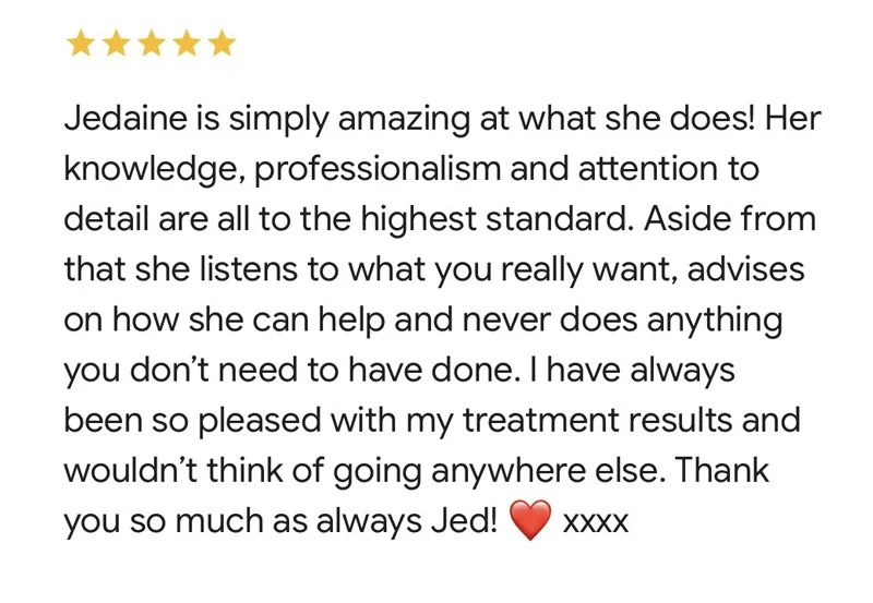 Screenshot of a five star review expressing appreciation and gratitude towards aesthetic treatment received in Stafford clinic