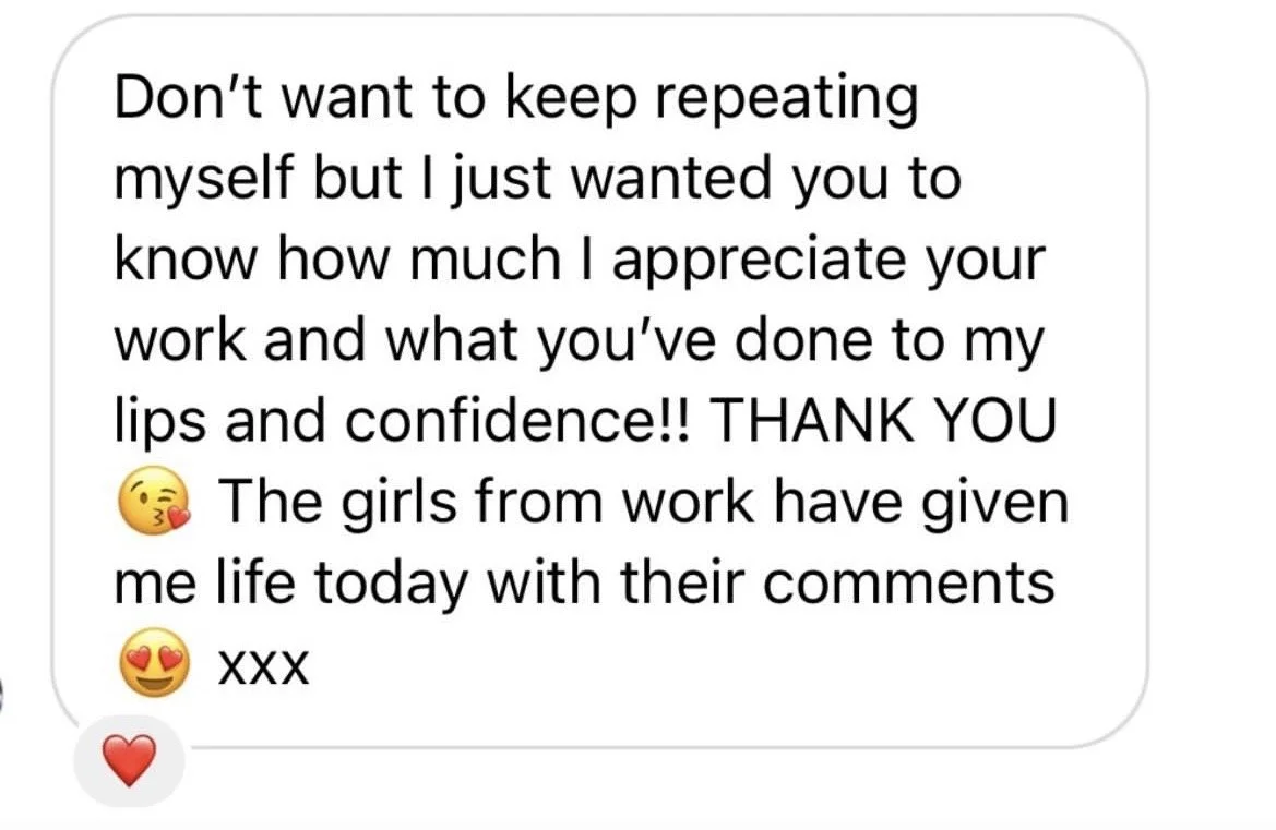 Screenshot of a heartfelt message expressing appreciation and gratitude towards aesthetic treatment received in Stafford clinic