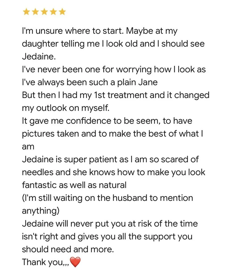 A written testimonial with five gold stars at the top, expressing gratitude toward towards aesthetic treatment received in Stafford clinic