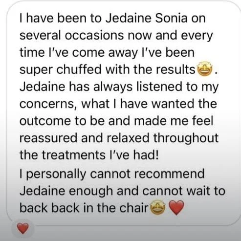 A screenshot of a text message praising Jedaine Sonia for her support and positive results from treatments, expressing gratitude and eagerness to return.