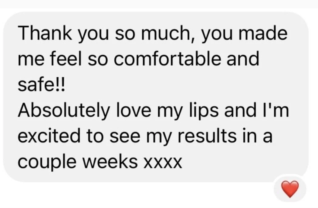 Screenshot of a text message expressing gratitude and excitement about positive results after using a product, with a red heart emoji at the bottom right corner.
