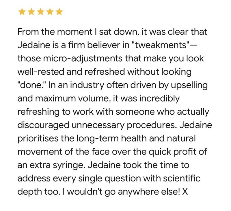Customer review praising Jedaine's approach to skincare, emphasizing natural movement, long-term health, and reducing unnecessary procedures.
