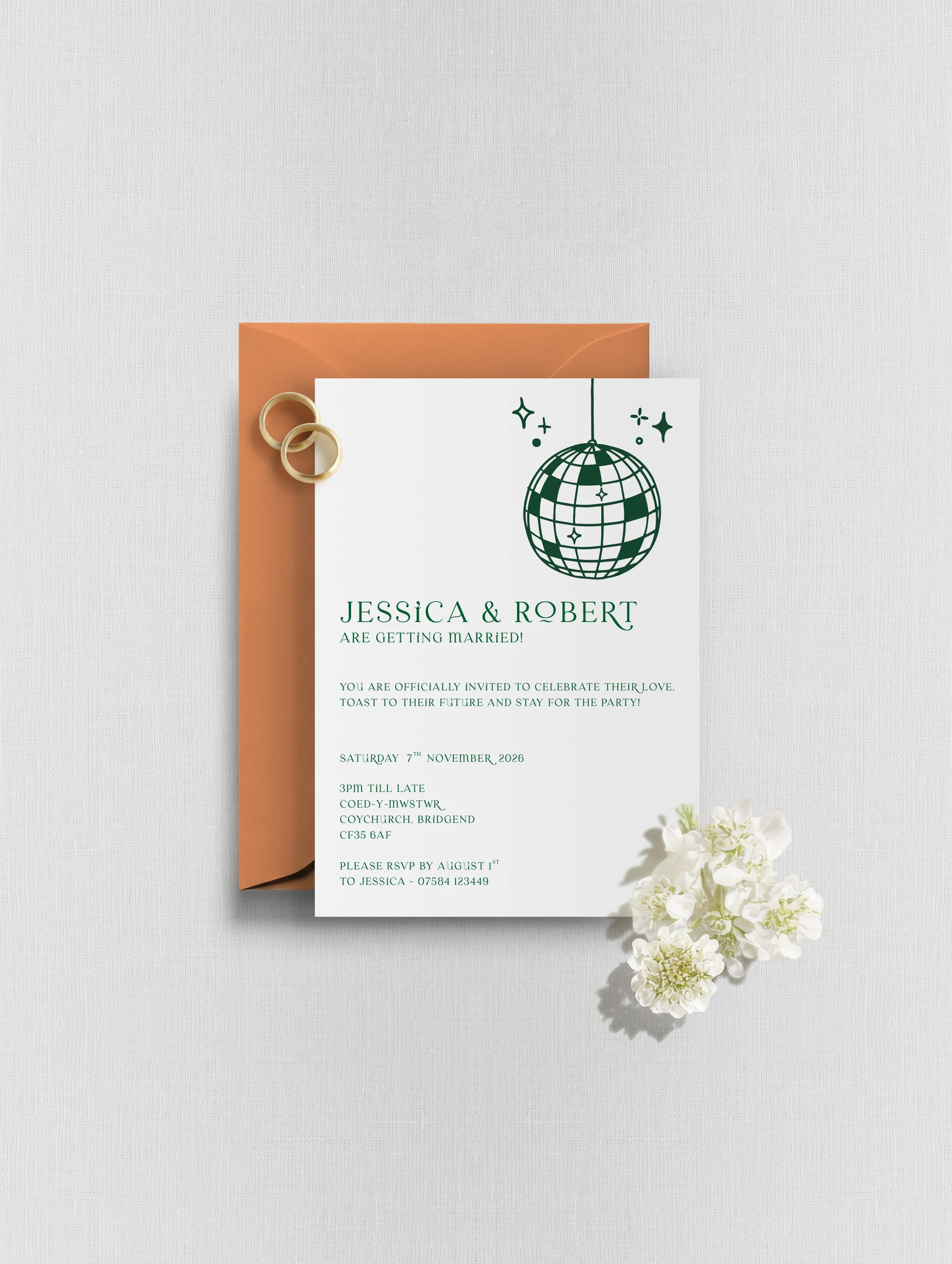 A wedding invitation card with a disco ball graphic, floral decoration, and text inviting guests to Jessica and Robert's wedding celebration on November 7, 2026, at a church in Bridgend, with RSVP details.