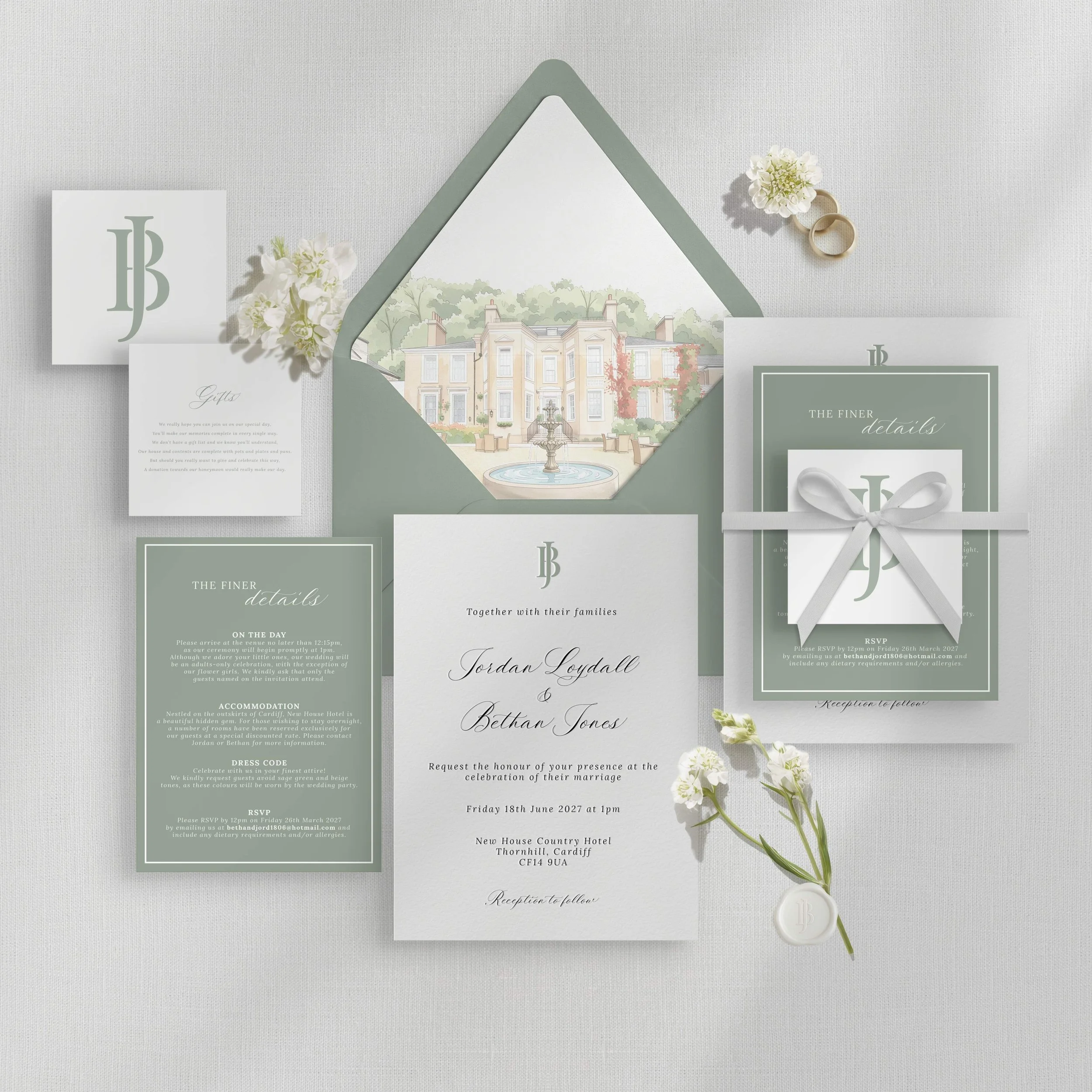 Wedding invitation card with floral elements and a small illustration of a grand house with a fountain, surrounded by green trees. The card features elegant cursive and serif fonts, with an RSVP notice and event details in muted green and white colors.