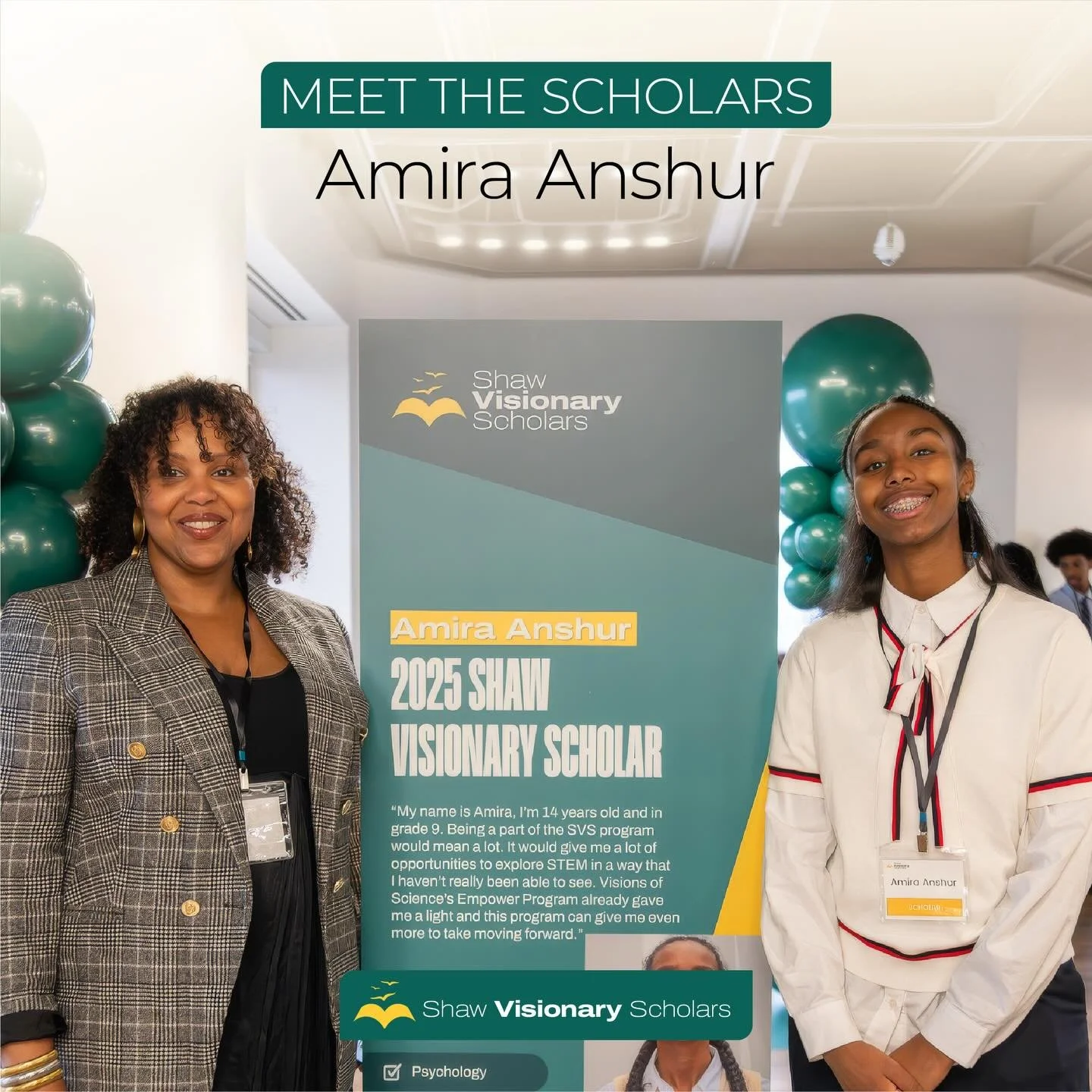 Join us as we introduce our first cohort of 𝗦𝗵𝗮𝘄 𝗩𝗶𝘀𝗶𝗼𝗻𝗮𝗿𝘆 𝗦𝗰𝗵𝗼𝗹𝗮𝗿𝘀, featuring personal reflections from their scholarship kickoff day!

Meet Amira A., a grade 9 student who has been engaged with Visions of Science for over 2 yea