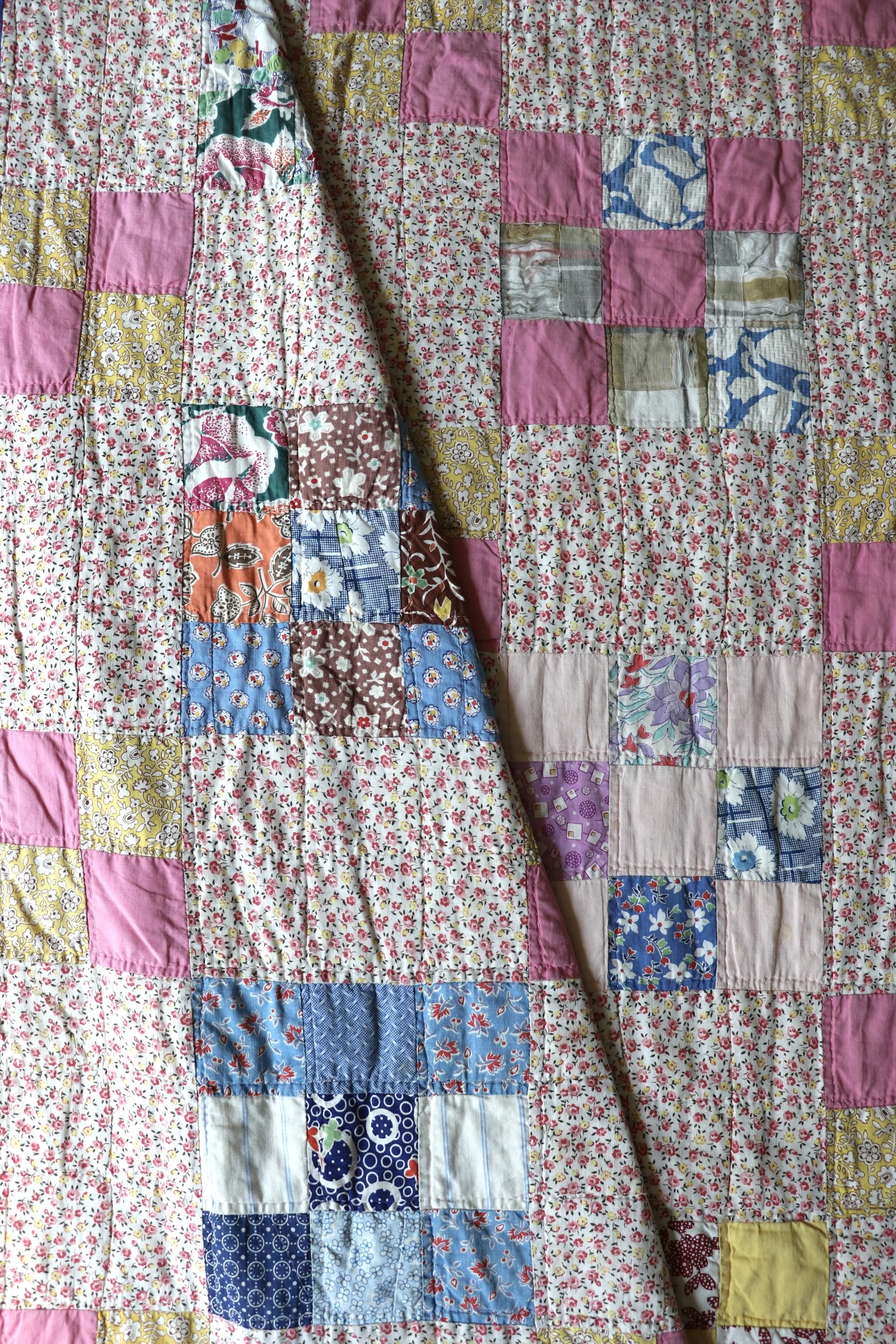#10. Floral Nine Patch Heirloom Quilt Circa 1930-1940
