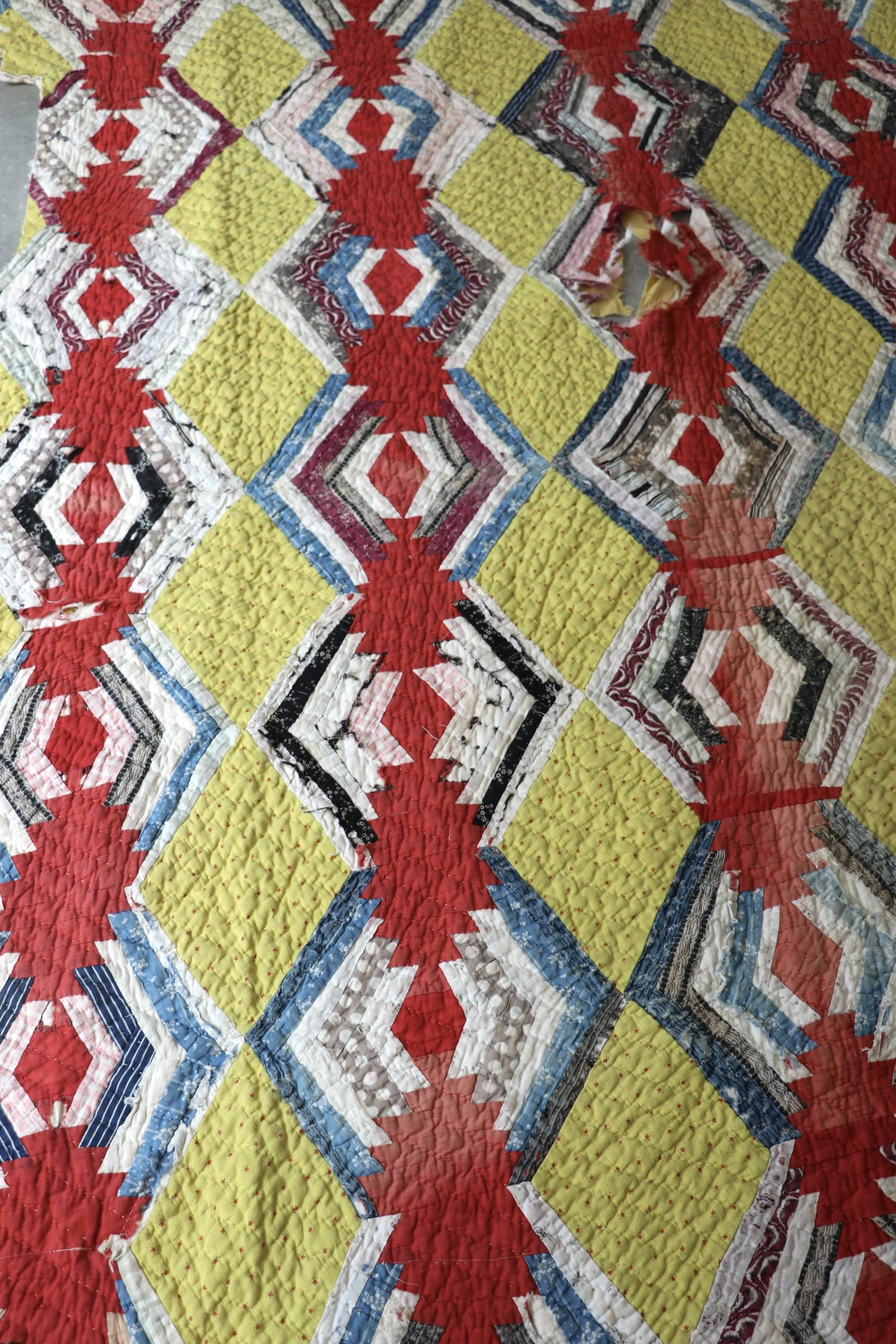 26. Red + Yellow Pineapple Cutter Quilt Circa 1930-1940