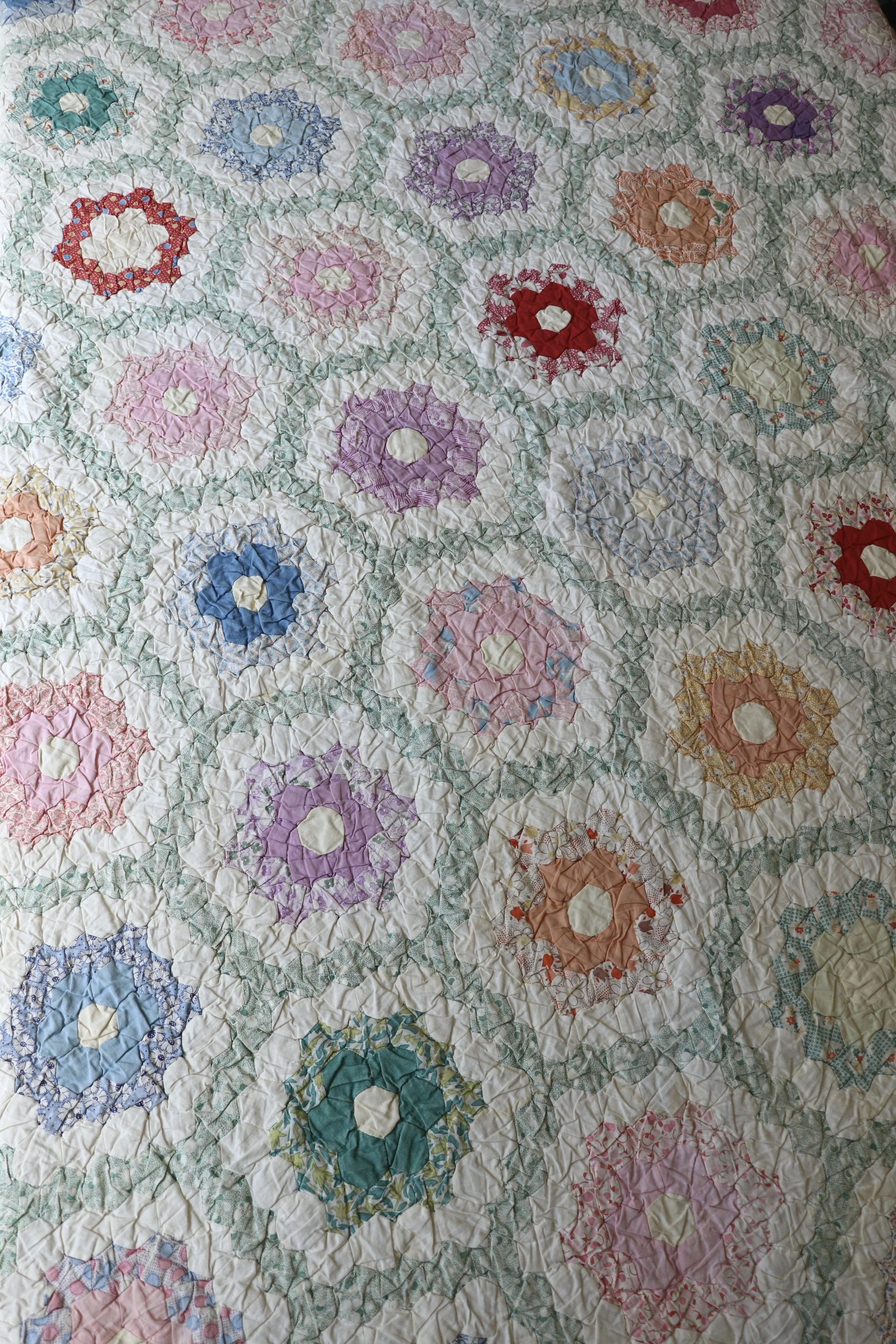 #1. Grandmother's Flower Garden Heirloom Quilt Circa 1930-1940