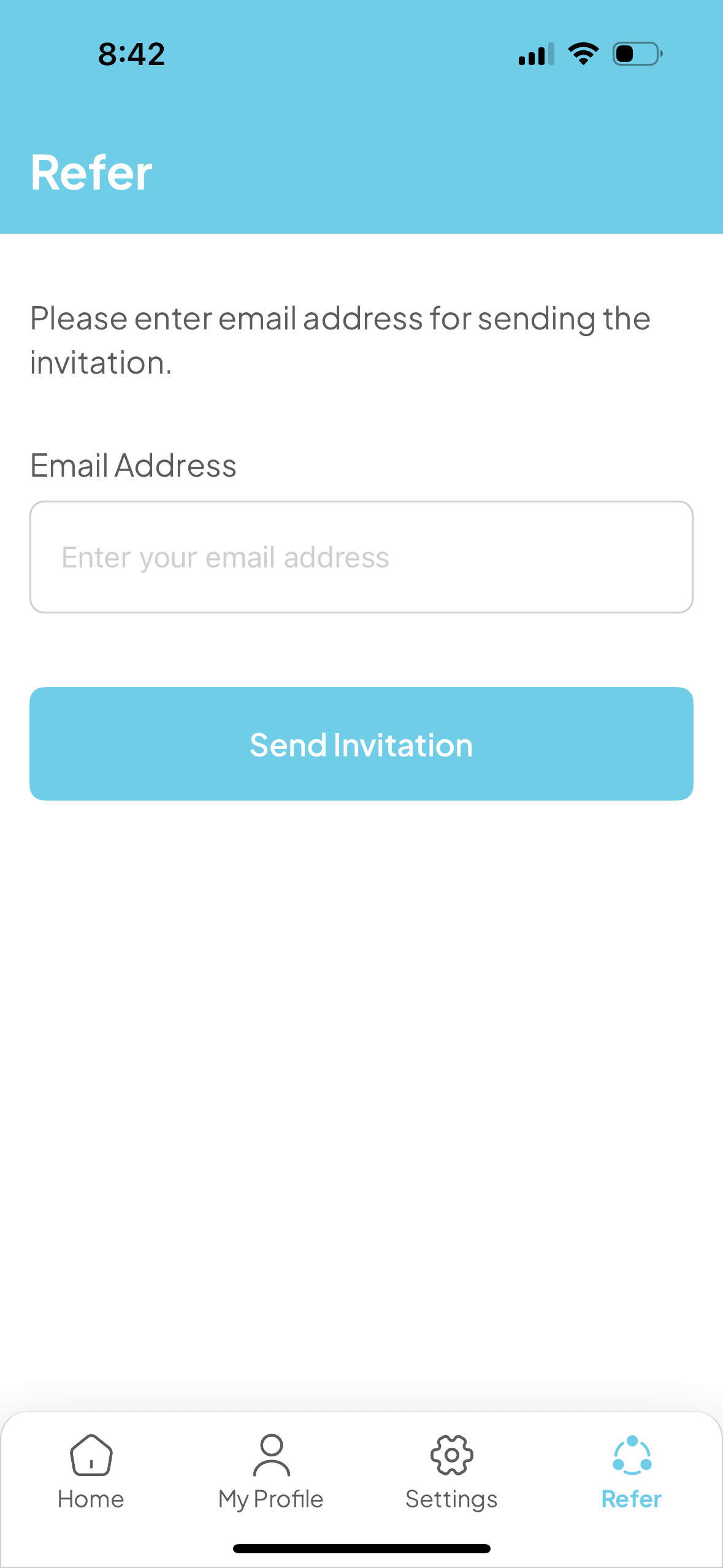 Medicare hospice criteria mobile app screen with a form asking for email address to send an invitation, with navigation icons at the bottom for Home, My Profile, Settings, and Refer.