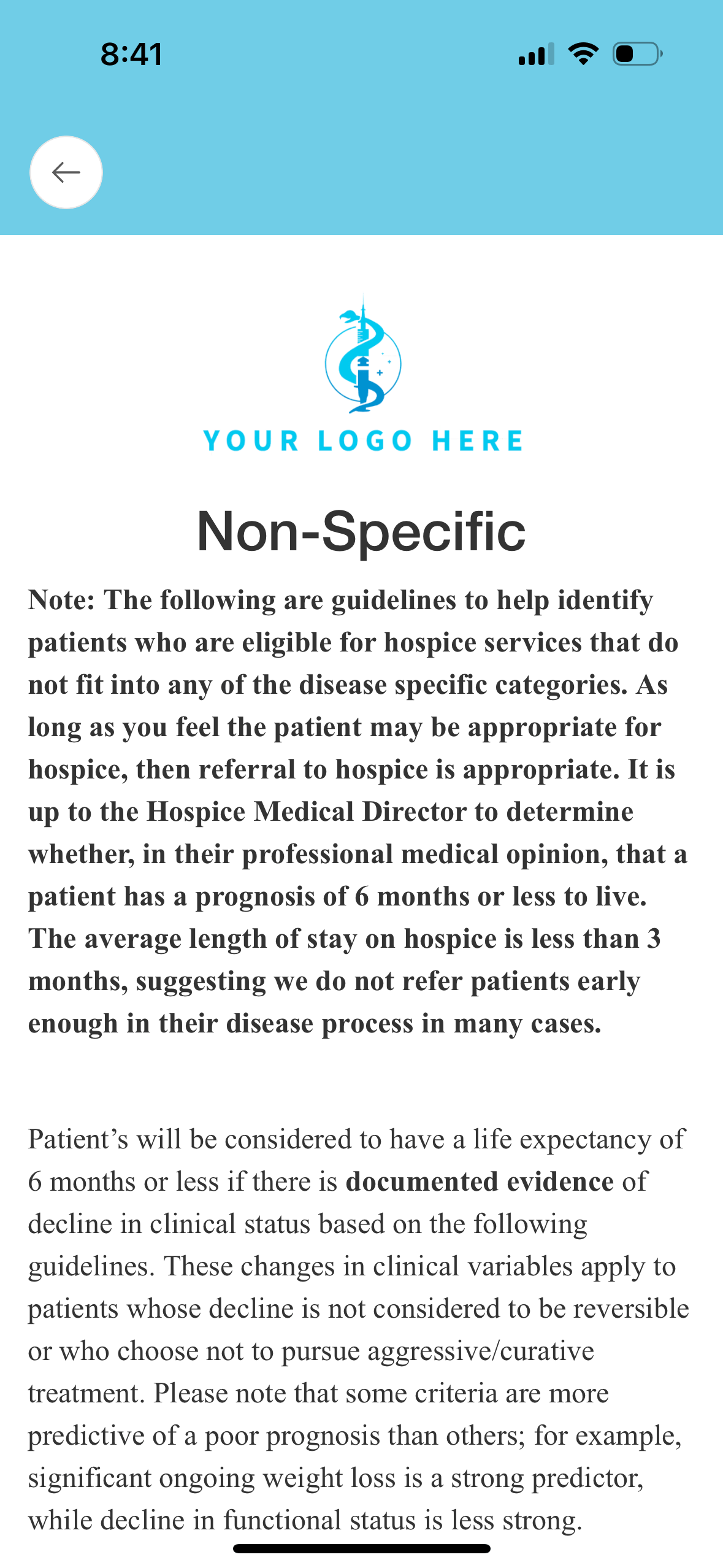 Sample hospice guidelines document with a placeholder logo, titled 'Non-Specific,' explaining eligibility criteria for hospice services and the importance of clinical evidence for prognostic assessment.