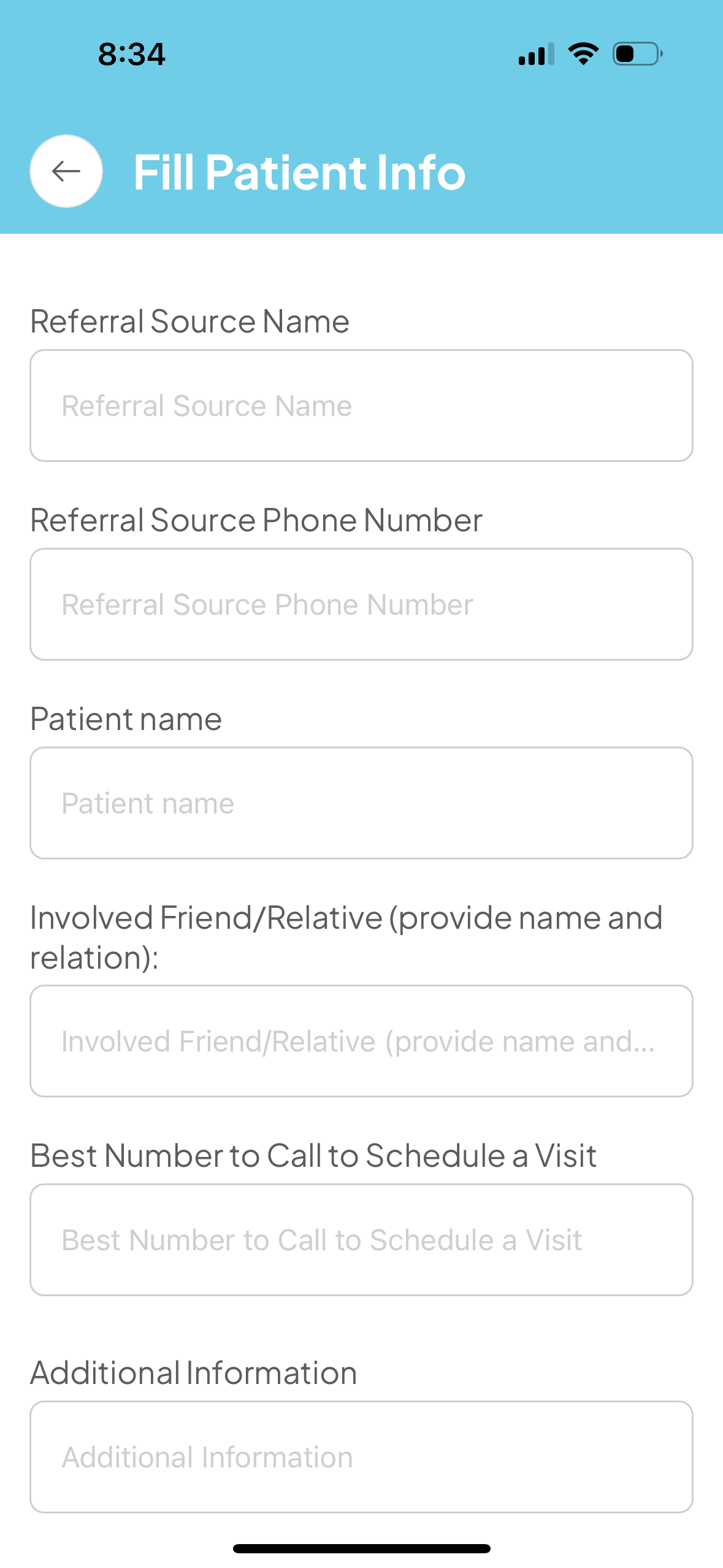 Screenshot of a mobile app screen titled 'Fill Patient Info' with form fields for referral source, patient information, involved friend or relative, best contact number, and additional info.