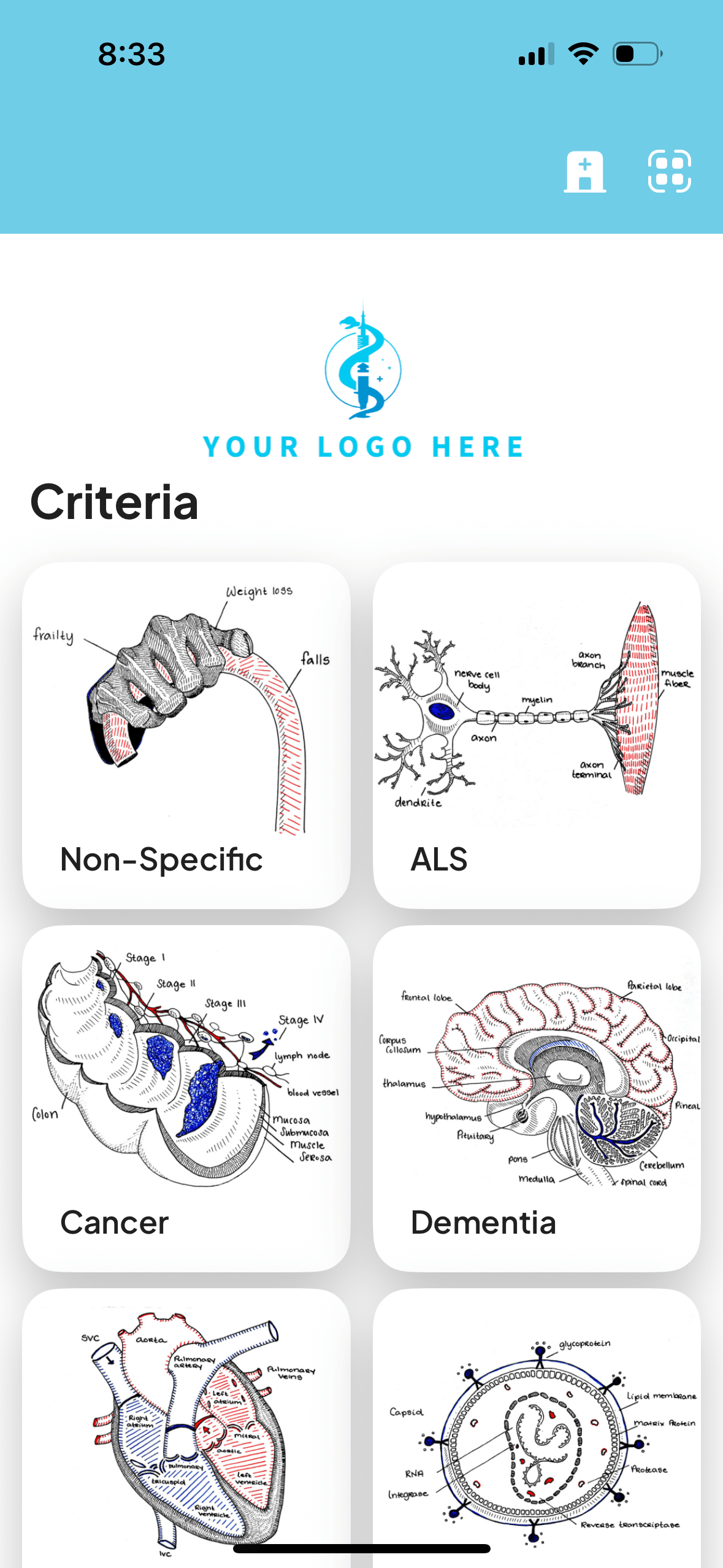 Mobile app screen displaying logo header with a medical symbol, and educational criteria icons including diagrams of a hand with notes on non-specific conditions, a neuron with ALS labels, a detailed anatomical model of a stomach with cancer stages, 