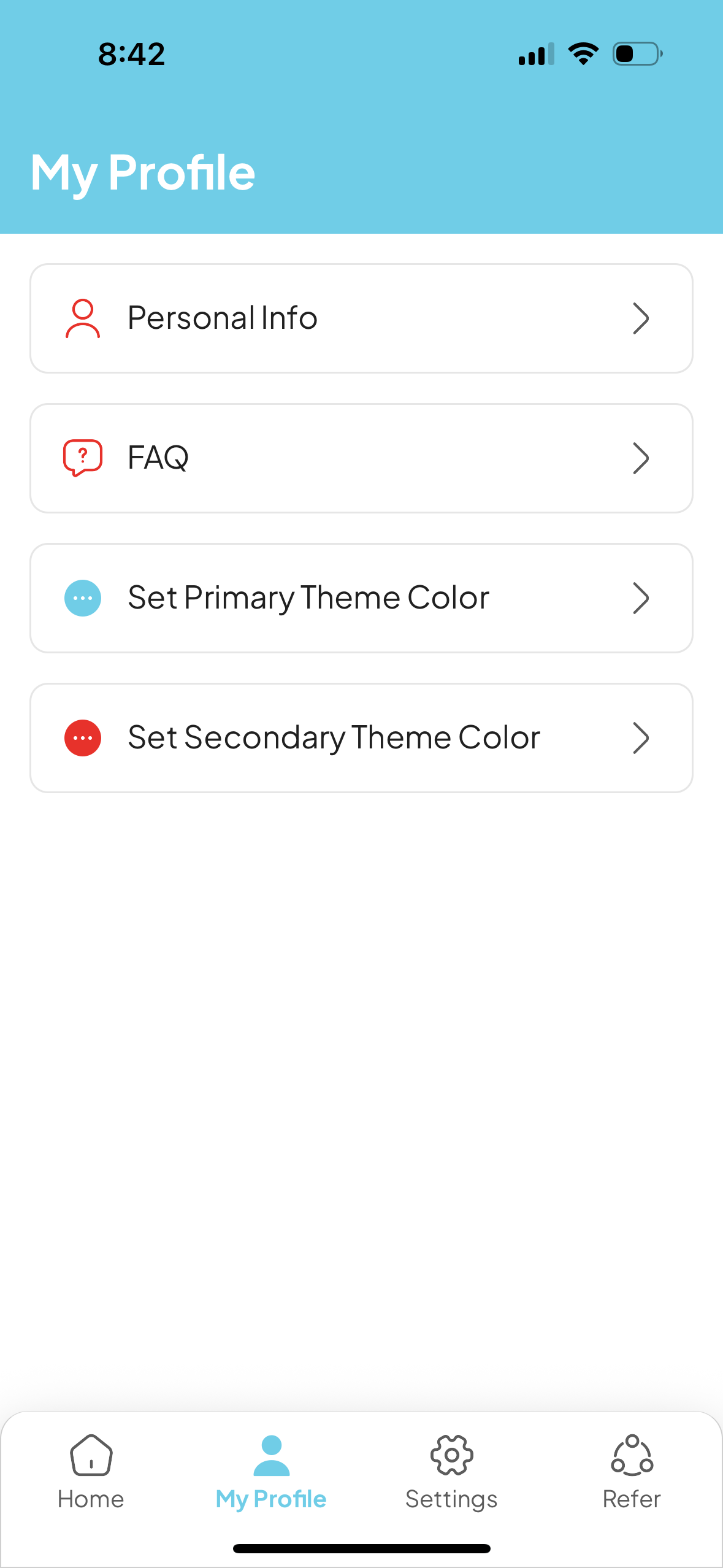 Screenshot of a hospice criteria mobile app profile page titled 'My Profile' with options for 'Personal Info,' 'FAQ,' 'Set Primary Theme Color,' and 'Set Secondary Theme Color.'