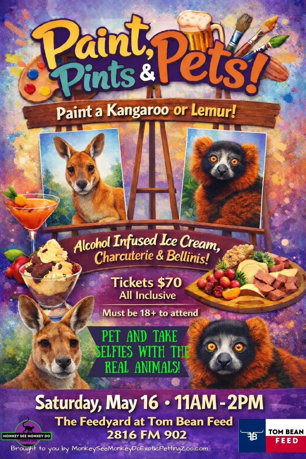paint, pint & pets event flyer with a lemur and kangaroo