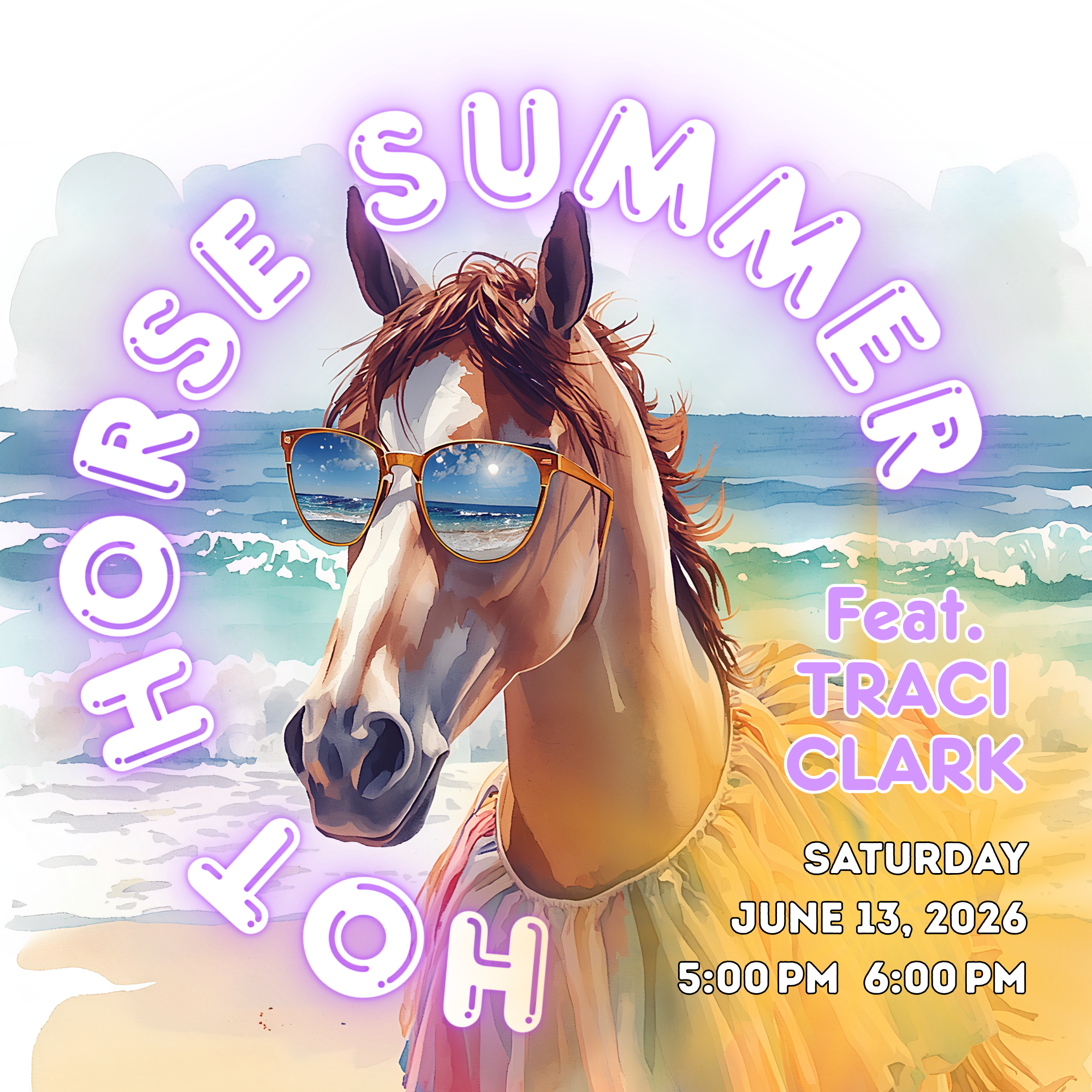 horse on a beach with sunglasses