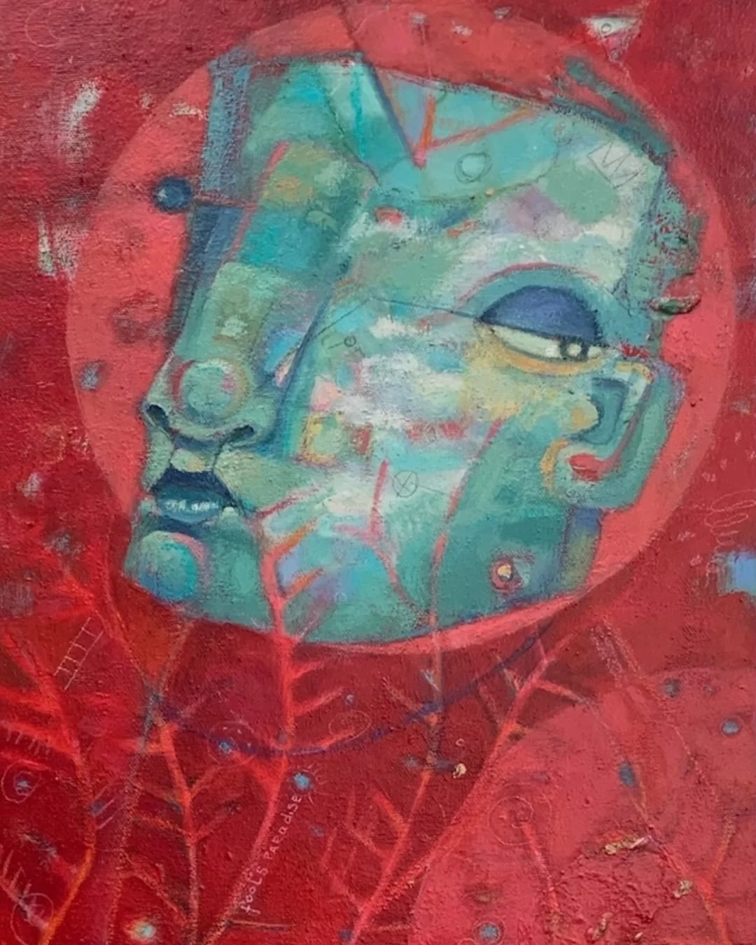 Brilliant Lunacy Of The Midnight Moon
Acrylic, collage, mixed media on canvas
30&rdquo; x 12&rdquo;
Out of the vault.

I love the format of this painting, long and skinny. But mostly love the RED&hellip;never enough RED!

🏷️Narrative art, paintings 