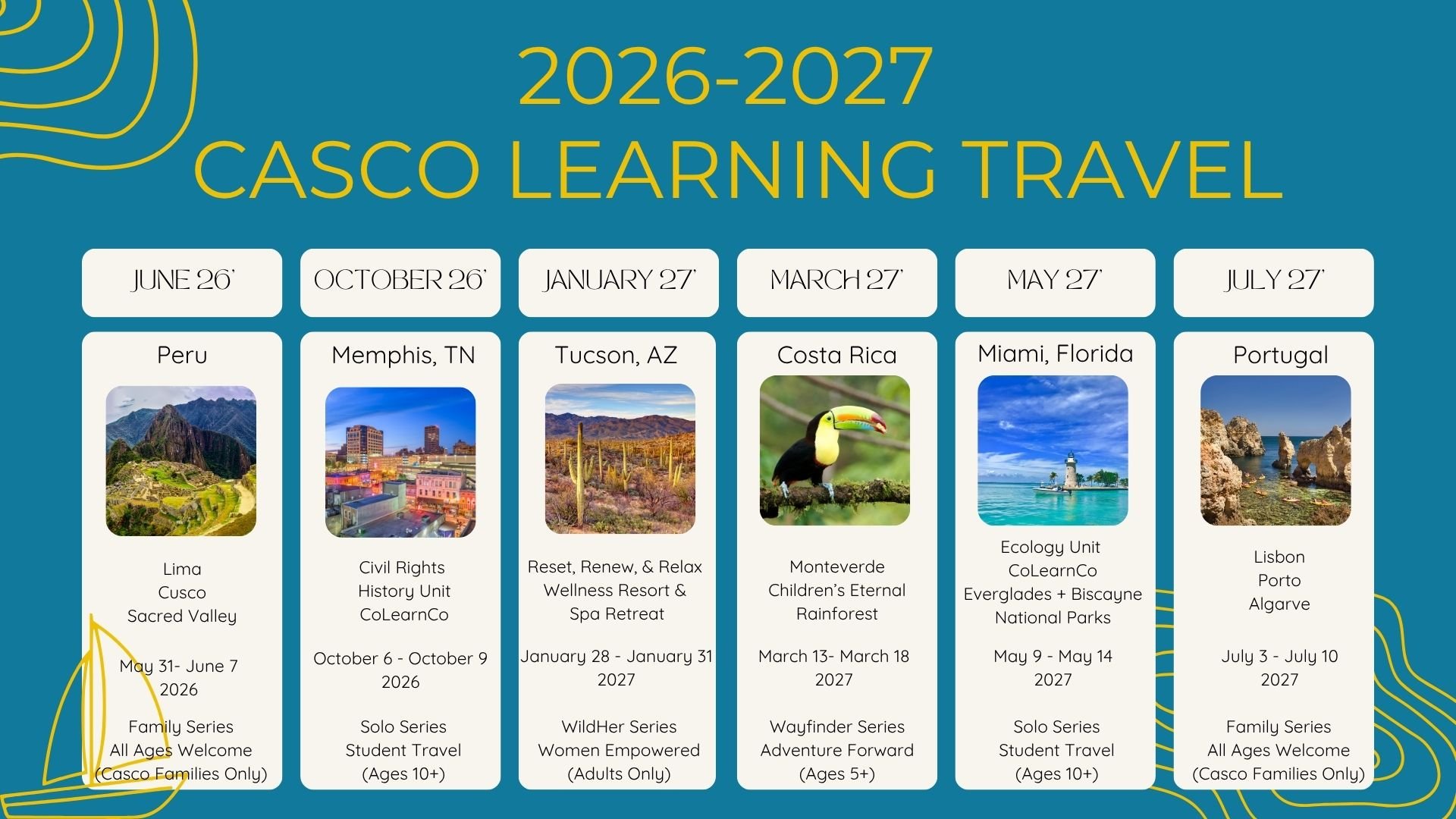Schedule of Casco Learning Travel for 2026-2027 with travel destinations, dates, and themes. Destinations include Peru, Memphis, Tucson, Costa Rica, Miami, and Portugal. Themes focus on history, wellness, rainforest, ecological units, and family series.