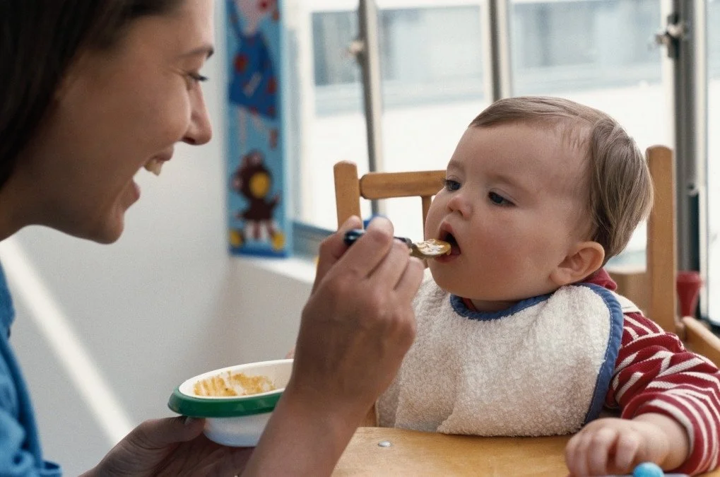 Mother feeding her baby in a high chair.