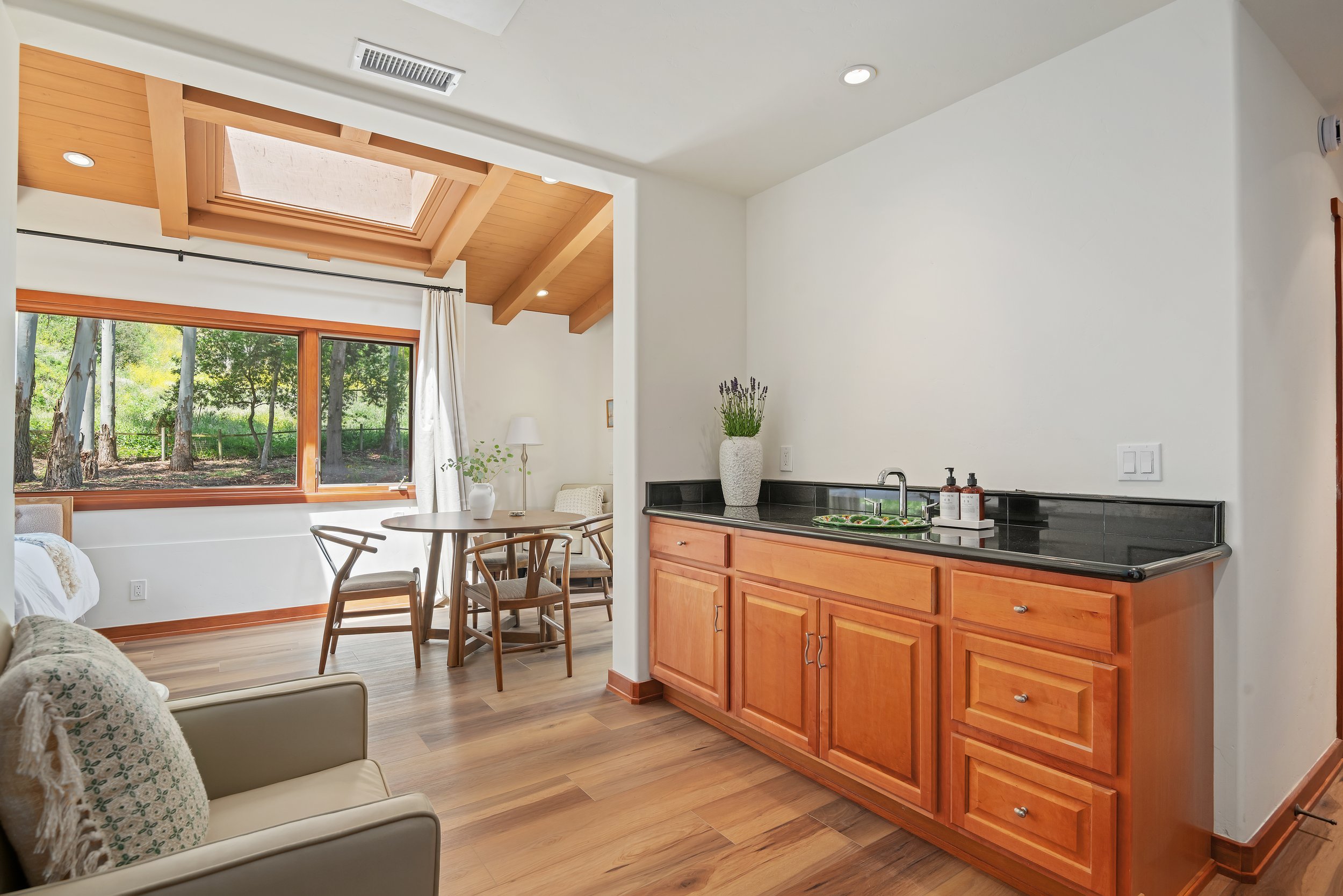 Living room and kitchen area with a large window, wooden dining table with chairs, a sofa, wooden cabinetry, and a black countertop with a sink and potted plants.