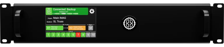 A network device with a small color screen displaying backup connection status, various indicator lights, control buttons, and a circular logo in the center.