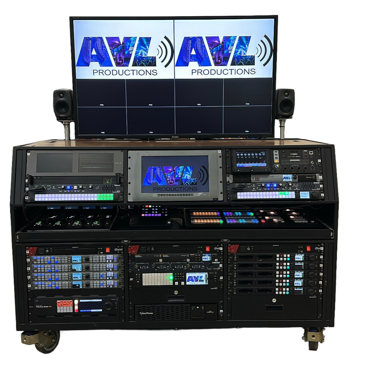 A professional recording and broadcasting control room setup with multiple monitors displaying the AVL Productions logo, speakers, and audio equipment.