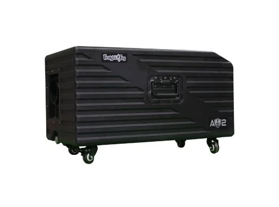 Black portable storage chest with wheels and handle, labeled FrogTogz Fly, used for outdoor gear storage.
