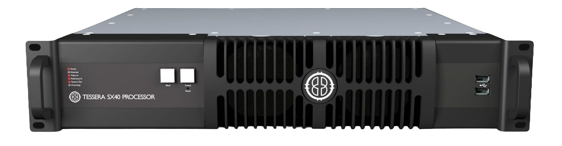 Front view of a Tessera SX40 processor with indicator lights, buttons, and USB ports.