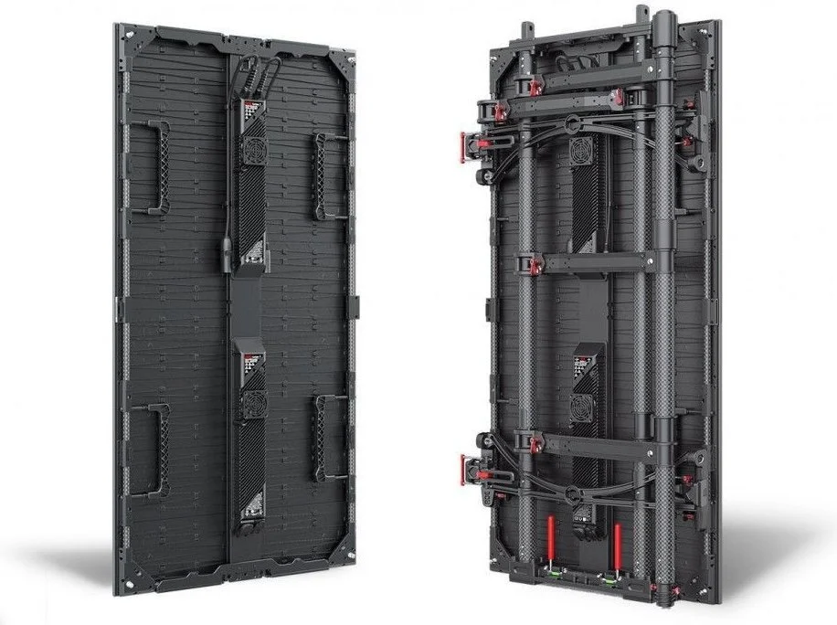 Two large LED display panels, one showing the back with internal components and wiring, the other facing forward.