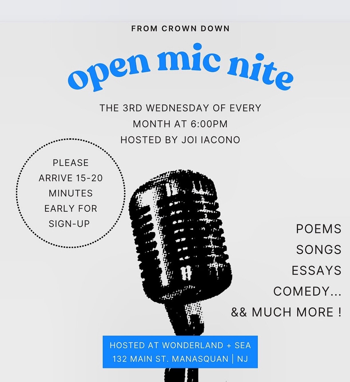 TONIGHT * FREE event 

6pm

All are welcome to join

10% off purchases 7pm-7:30pm (only)

#openmic #welcome #community #wonder #manasquan #wonderlandsea #share #music #poetry #talent #tonight