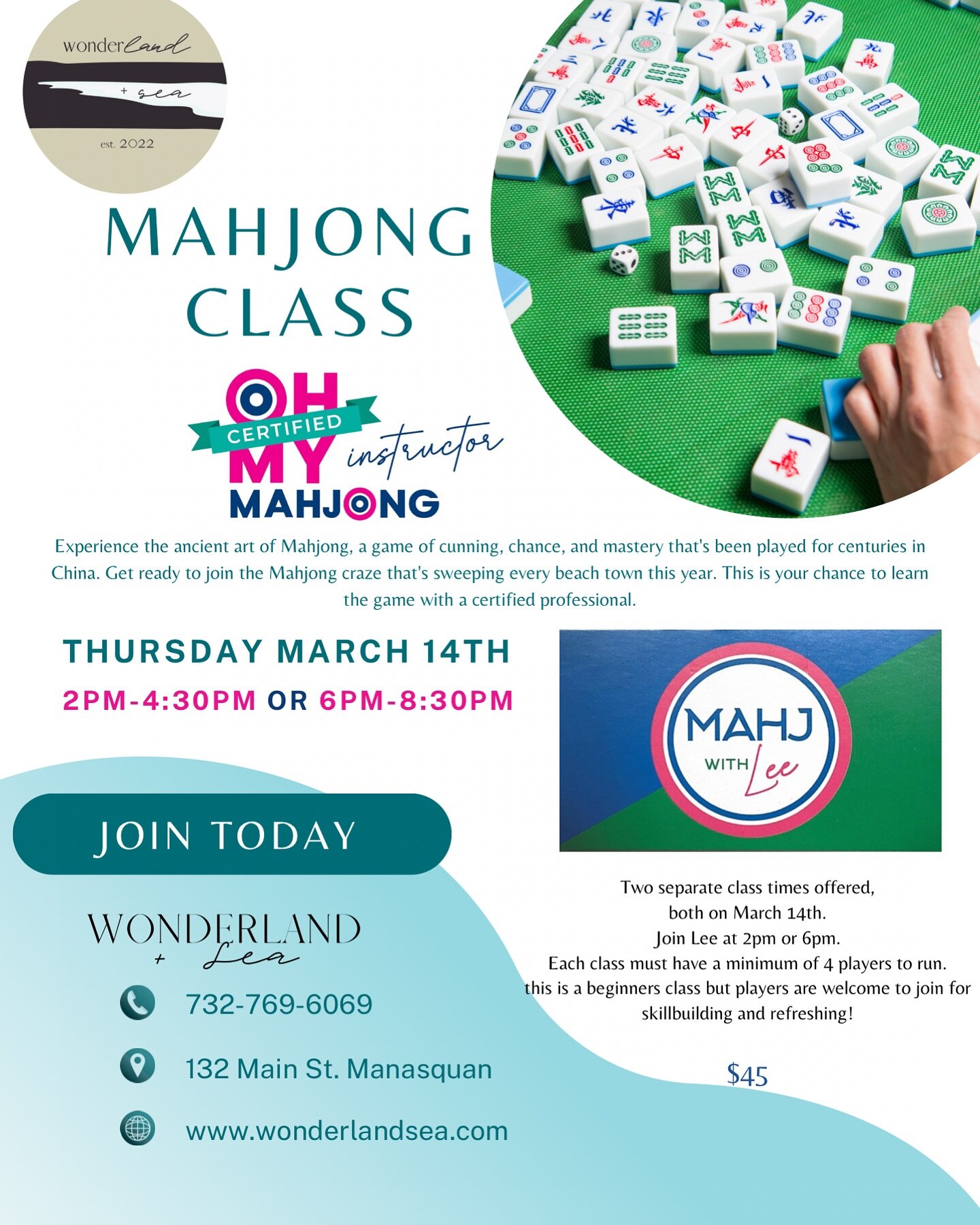 🀄️GET READY FOR SUMMER GAMES AT THE SHORE🀄️

For everyone who asked&hellip;classes are open, links are live!!!

MARCH 14th 

not 1 but 2 sessions!

2pm &amp; 6pm 

MAHJONG 101 - you will learn to play OR sharpen your skills 

MUST REGISTER IN ADVAN