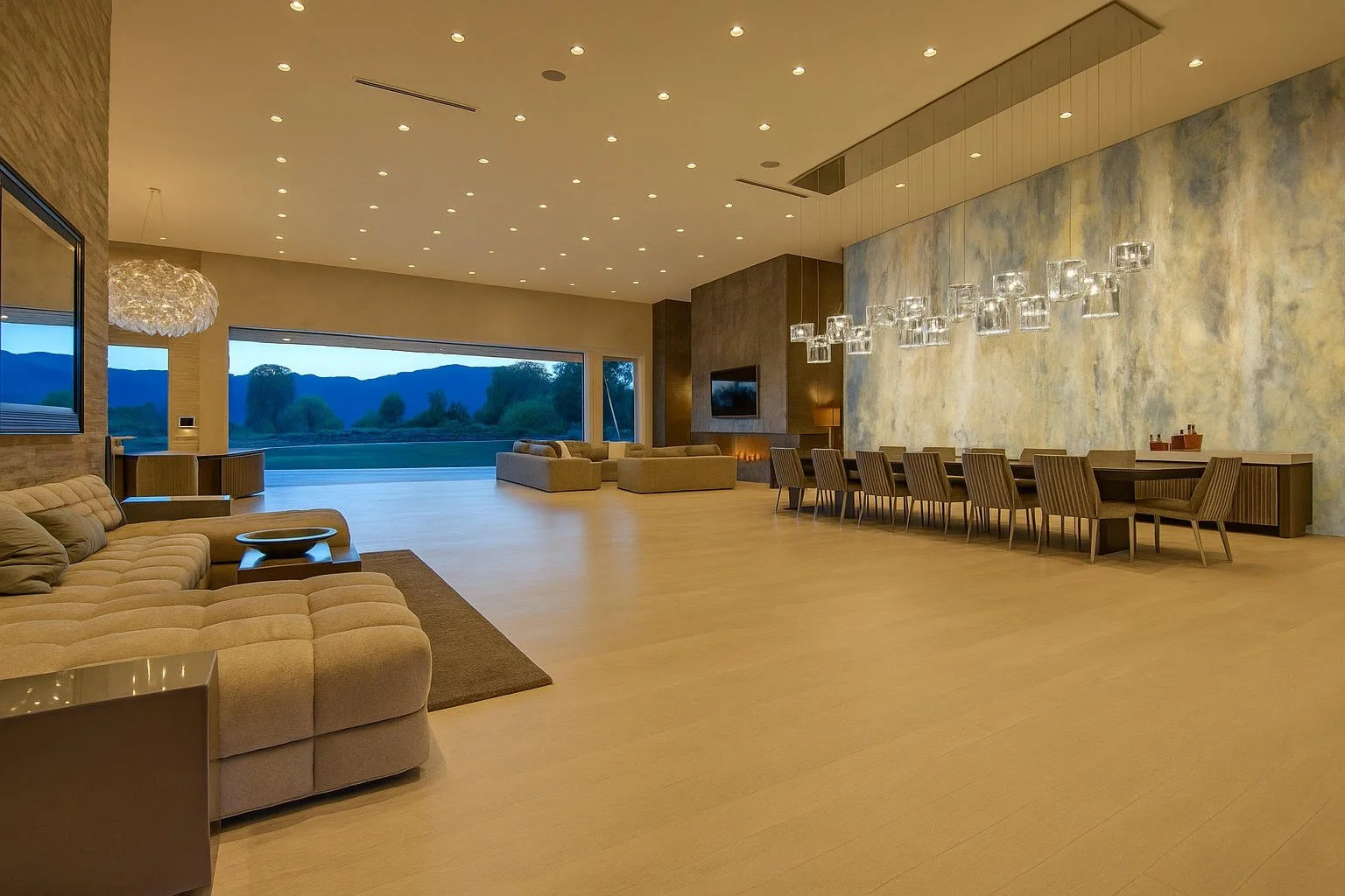Spacious modern living room with beige sofas, large windows overlooking mountains, and elegant dining area with glass chandelier.