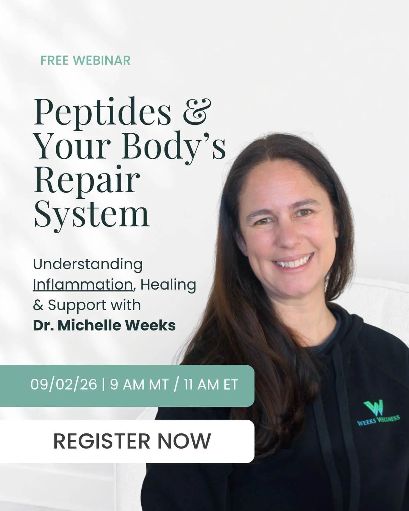 Curious about peptides? 👀
Join Dr. Michelle Weeks for a FREE webinar on inflammation, recovery, and where peptide therapies may fit in.

Learn how your body repairs and recovers, what peptide therapy may offer, and whether it could be worth explorin