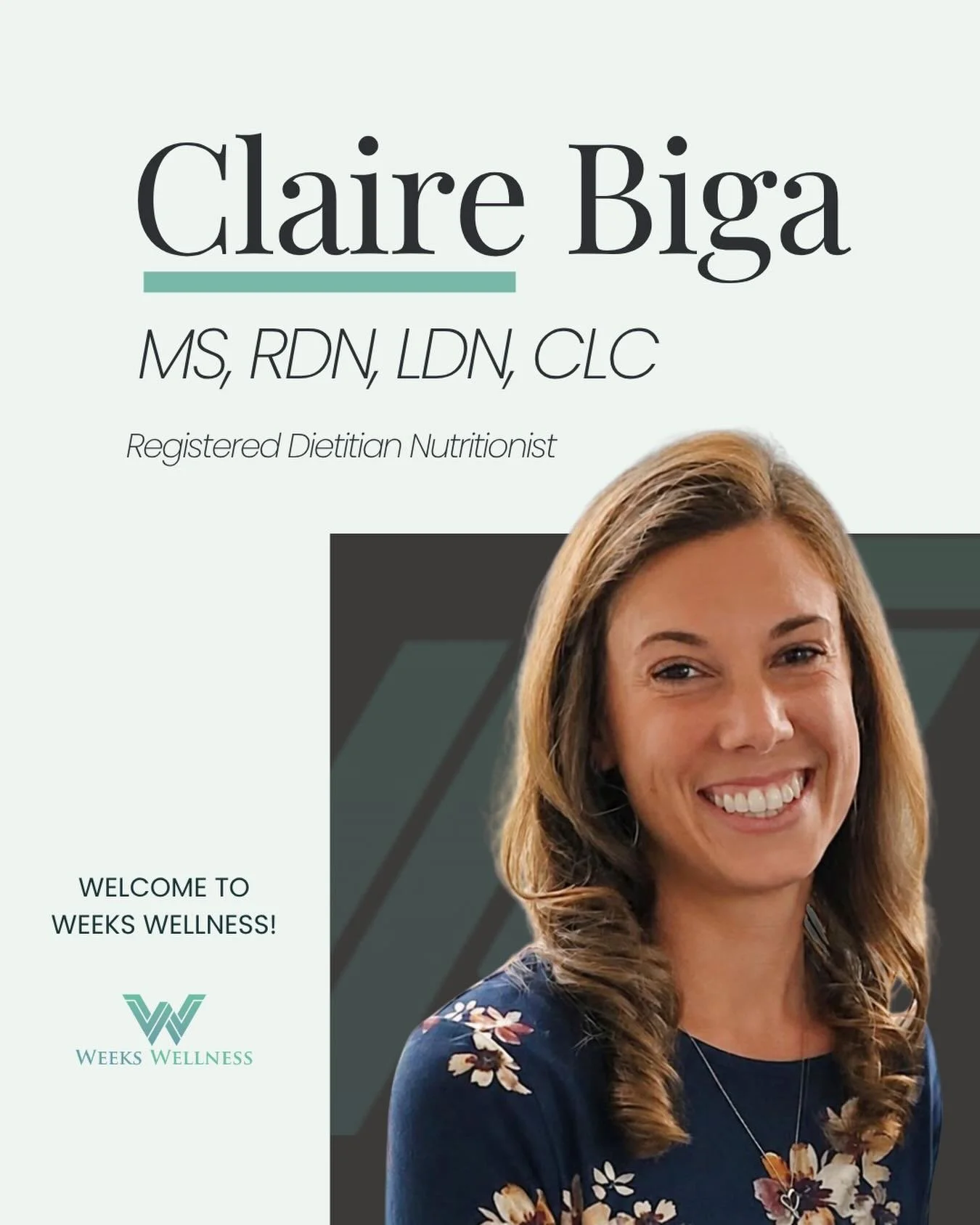 We&rsquo;re so excited to welcome Claire Biga, MS, RDN, LDN, CLC, to the Weeks Wellness team! 🤍

At Weeks Wellness, our mission is to bring together a wide range of specialties to create a more complete, personalized approach to care. We believe tha