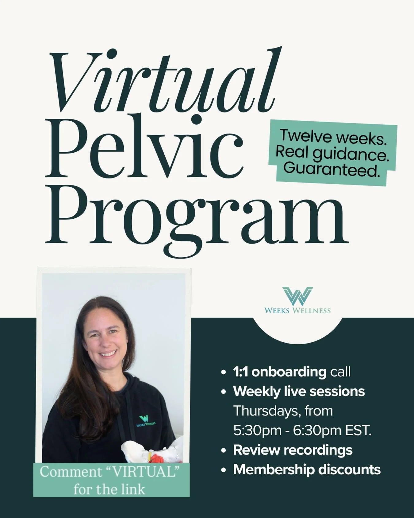 🎉 Our Virtual Pelvic Health Program is officially LIVE!

Twelve weeks. Real guidance. Support from the comfort of your home. 

The Weeks Wellness Virtual Signature Program brings our whole body approach to pelvic health straight to you, with:

✨ A p