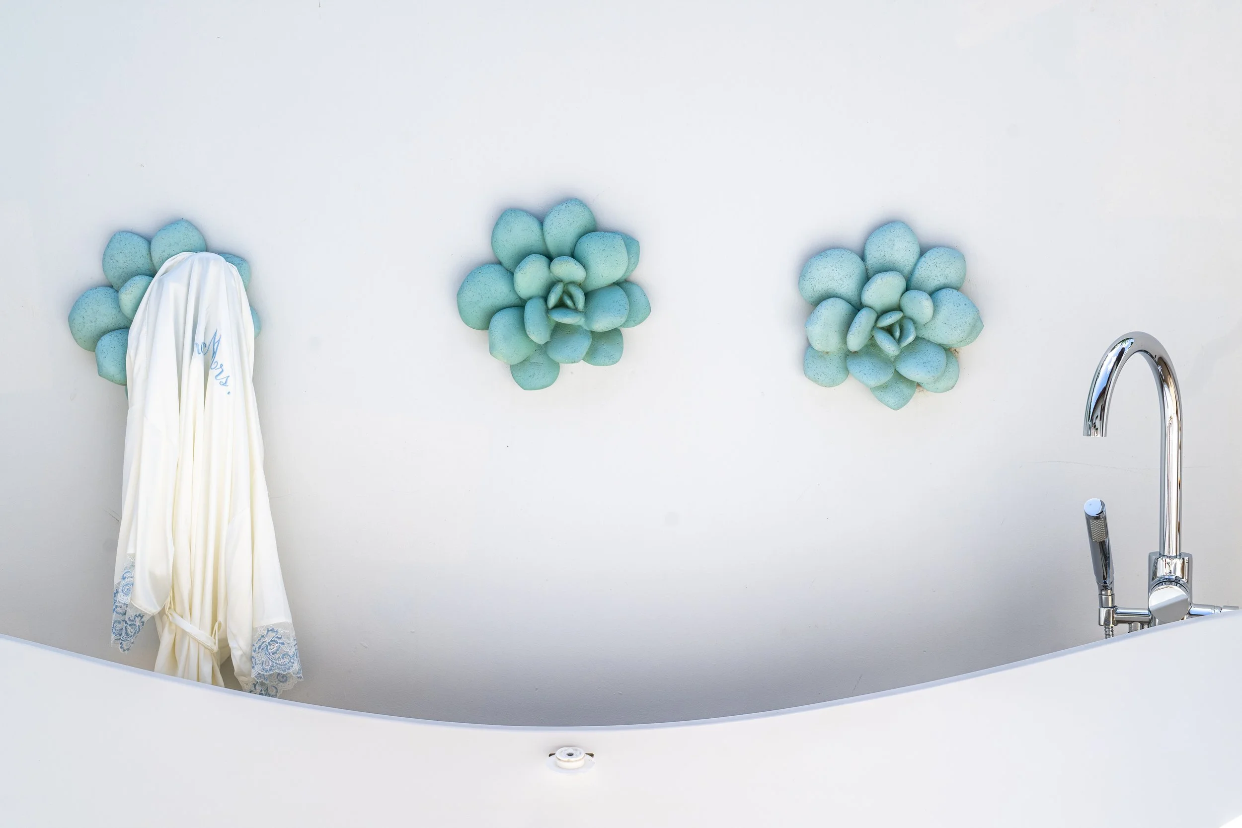 Bathroom with three blue succulent plants on a white wall and a faucet at the bottom right. A white shower curtain hangs from a hook on the left.