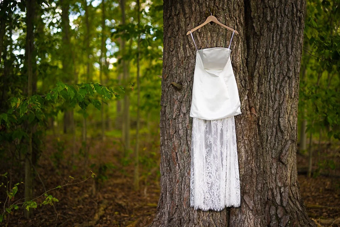 A white dress with a lace skirt hanging on a wooden hanger from a tree in a forest.