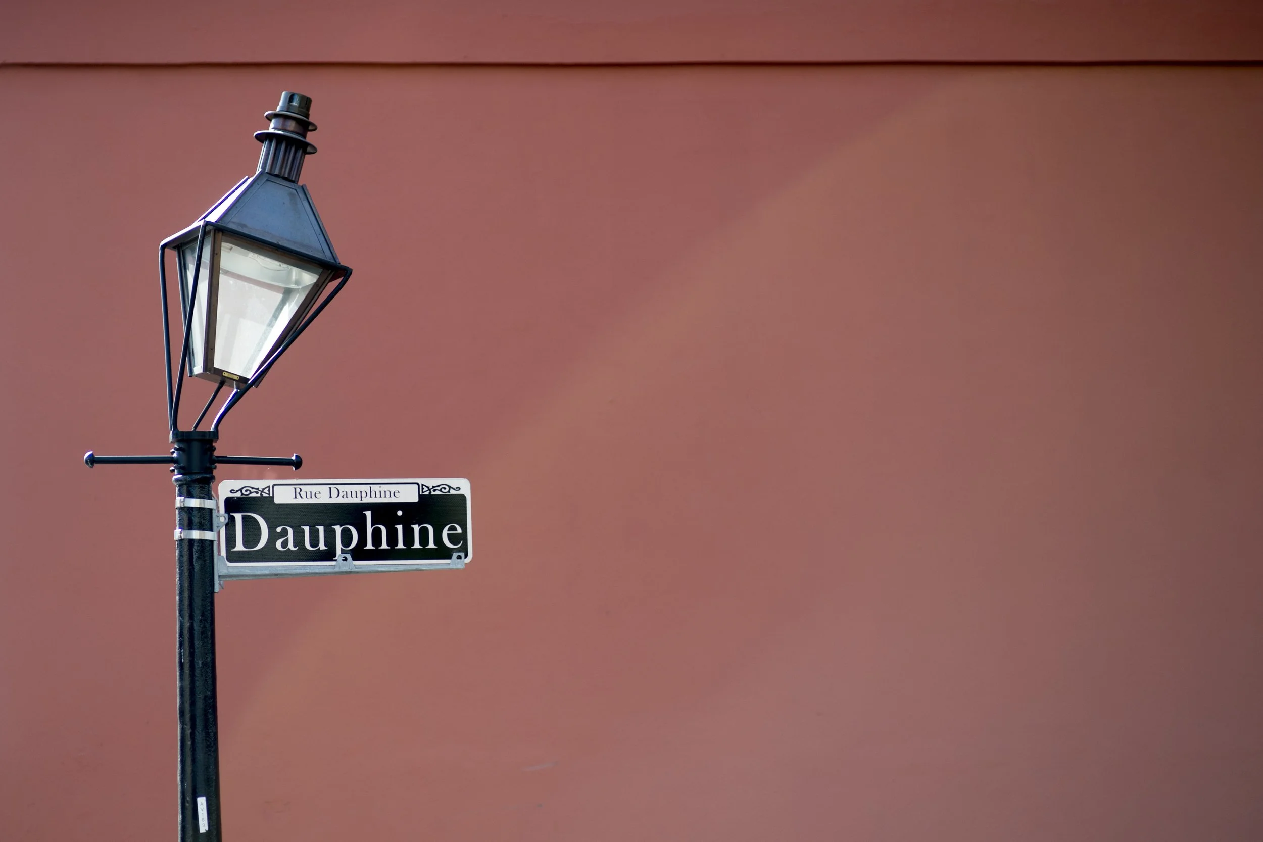 Streetlamp on a pole with a street sign that reads 'Rue Dauphine' and another sign underneath that reads 'Dauphine'. The background is a plain reddish-pink wall.