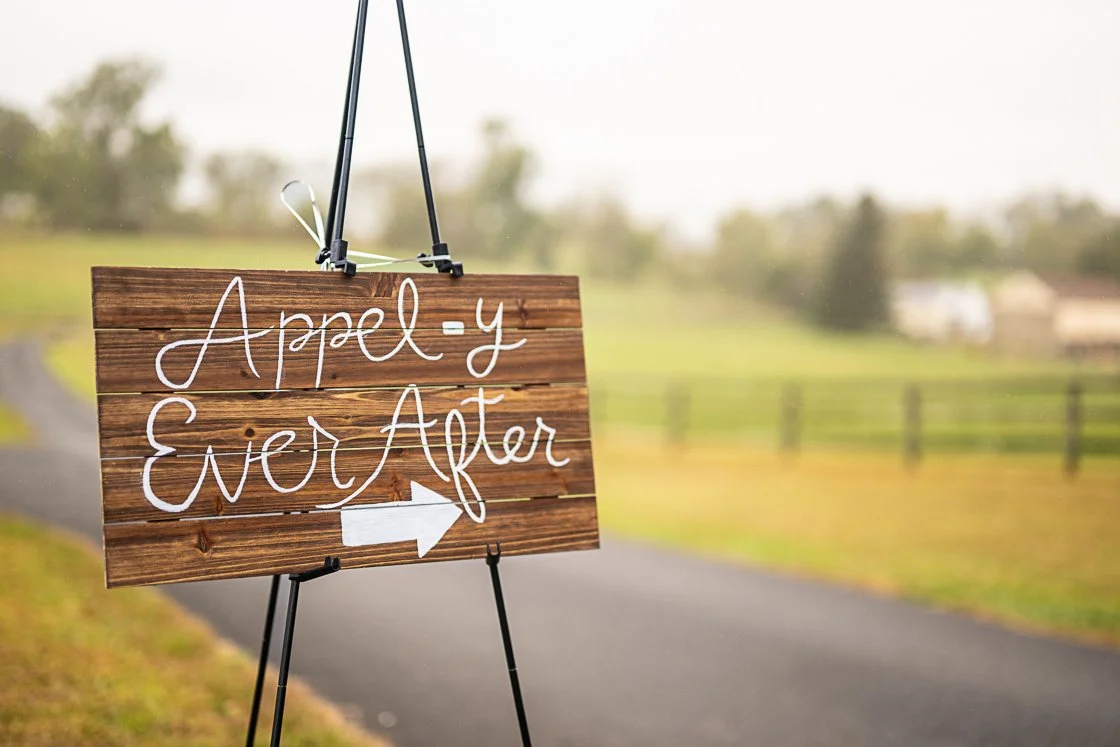 A wooden sign with the words 'Apple-y Ever After' written in white script, with a white arrow pointing to the right, hanging outdoors on a black frame against a rural landscape background.