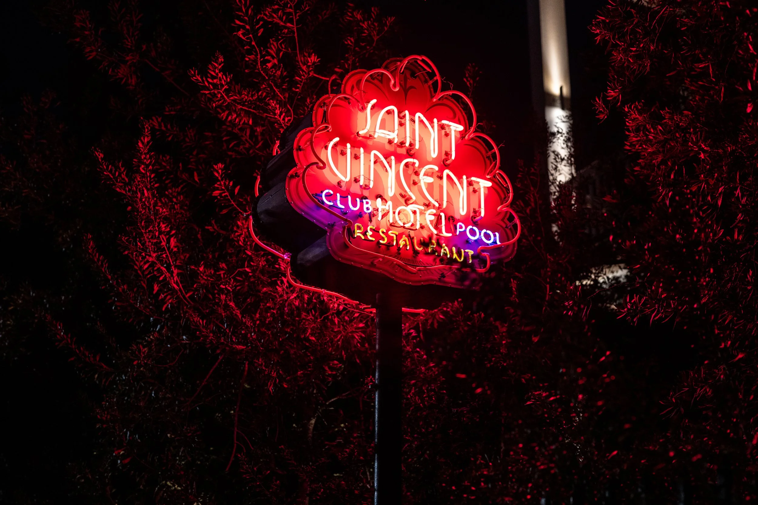 Neon sign for the 'Lunt Kitchen' restaurant, featuring a cloud shape with red, pink, and purple lights, surrounded by dark trees illuminated with red lighting.